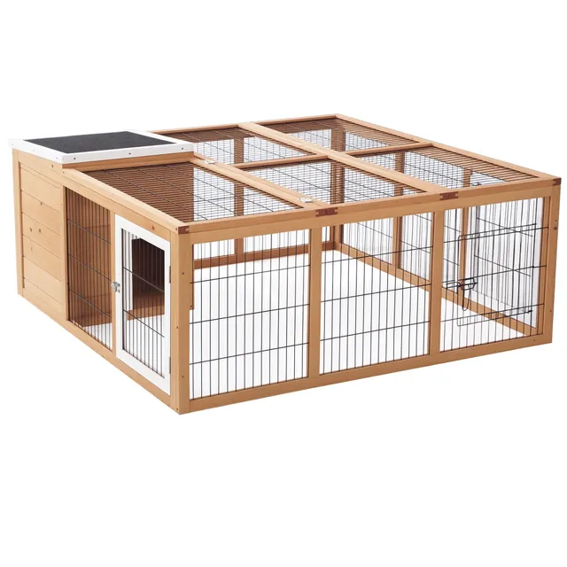pawhut-clapier-lapin-bois-120-cm-haven-avec-parc-et-toit-ouvrant-jaune image 1