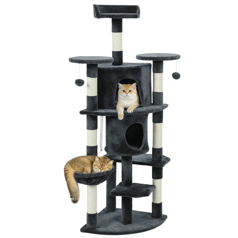 pawhut-arbre-chat-62-pouces-157-cm-avec-2-niches-hamac-et-perchoirs-gris-fonc image 1