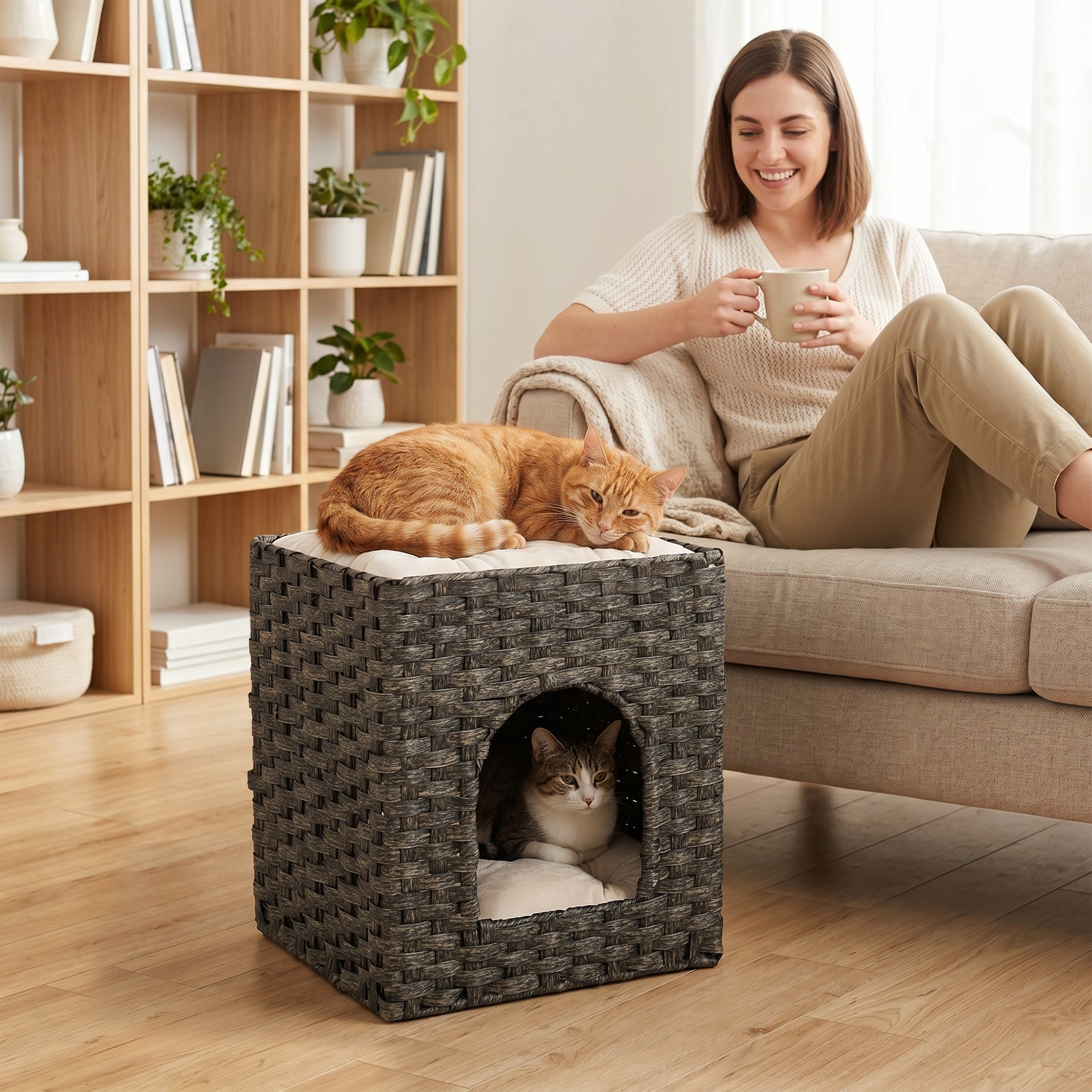 pawhut-maison-pour-chat-2-niveaux-en-rotin-tress-avec-coussins-lavables-43-x-40- image 3