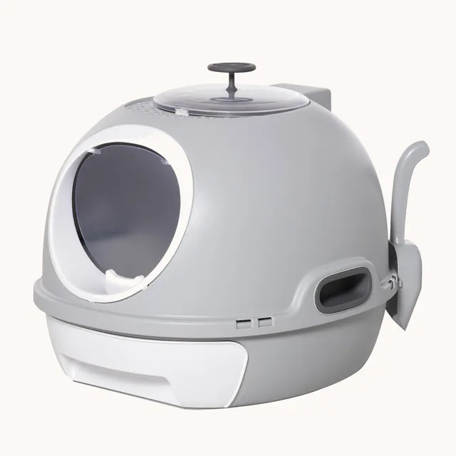pawhut-maison-de-toilette-couverte-pour-chat-avec-lucarne-et-tiroir-pelle-gris image 1