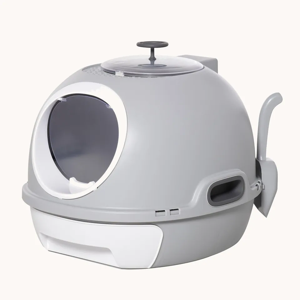 pawhut-maison-de-toilette-couverte-pour-chat-avec-lucarne-et-tiroir-pelle-gris image 1
