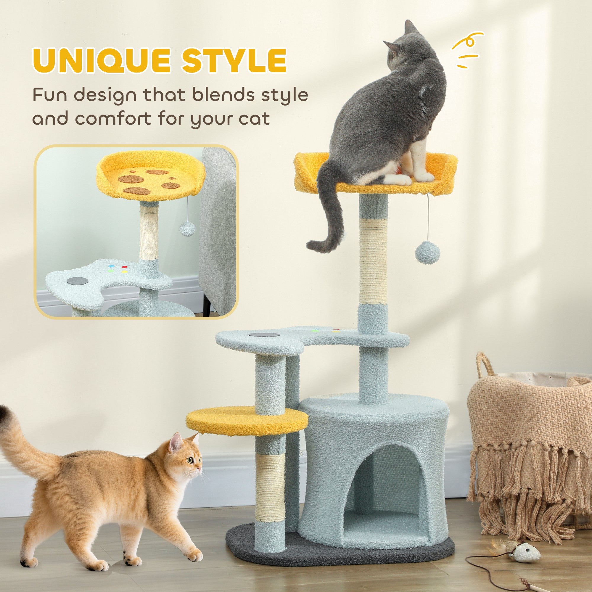 pawhut-arbre-chat-80-cm-avec-niche-perchoir-pizza-et-griffoir-sisal-bleu image 6