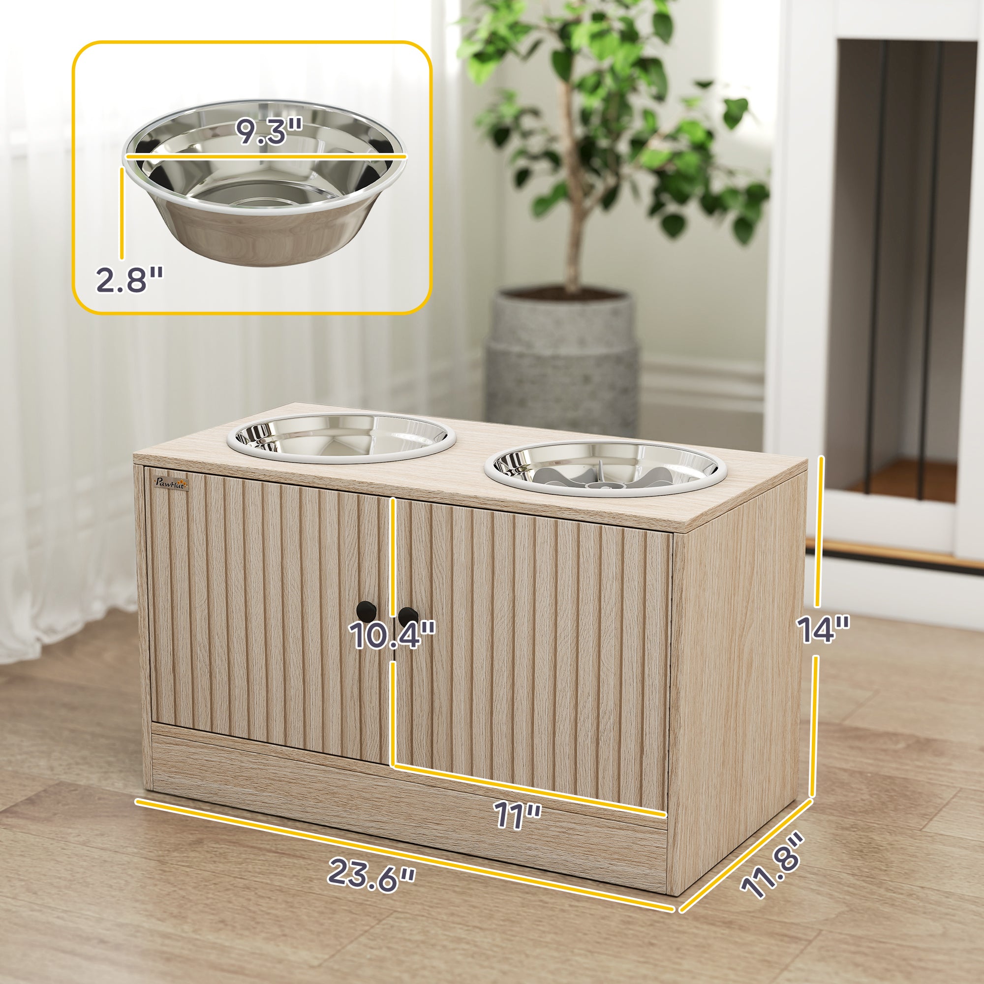 pawhut-gamelle-chien-sur-lev-e-avec-meuble-2-bols-inox-ralentisseur-ch-ne image 5