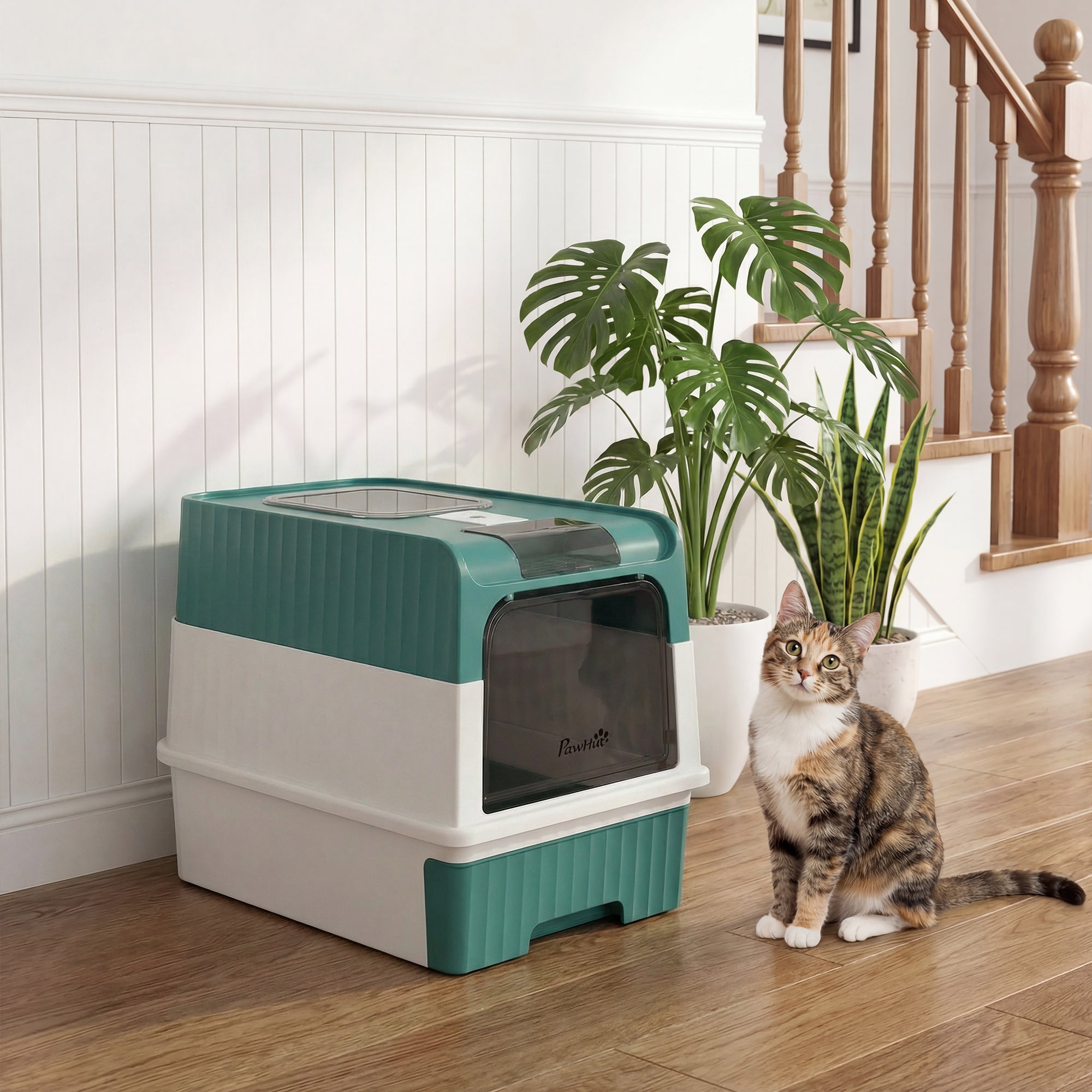pawhut-bac-liti-re-pour-chat-enclosed-avec-tiroir-pelle-et-sortie-haute-bleu-sar image 4
