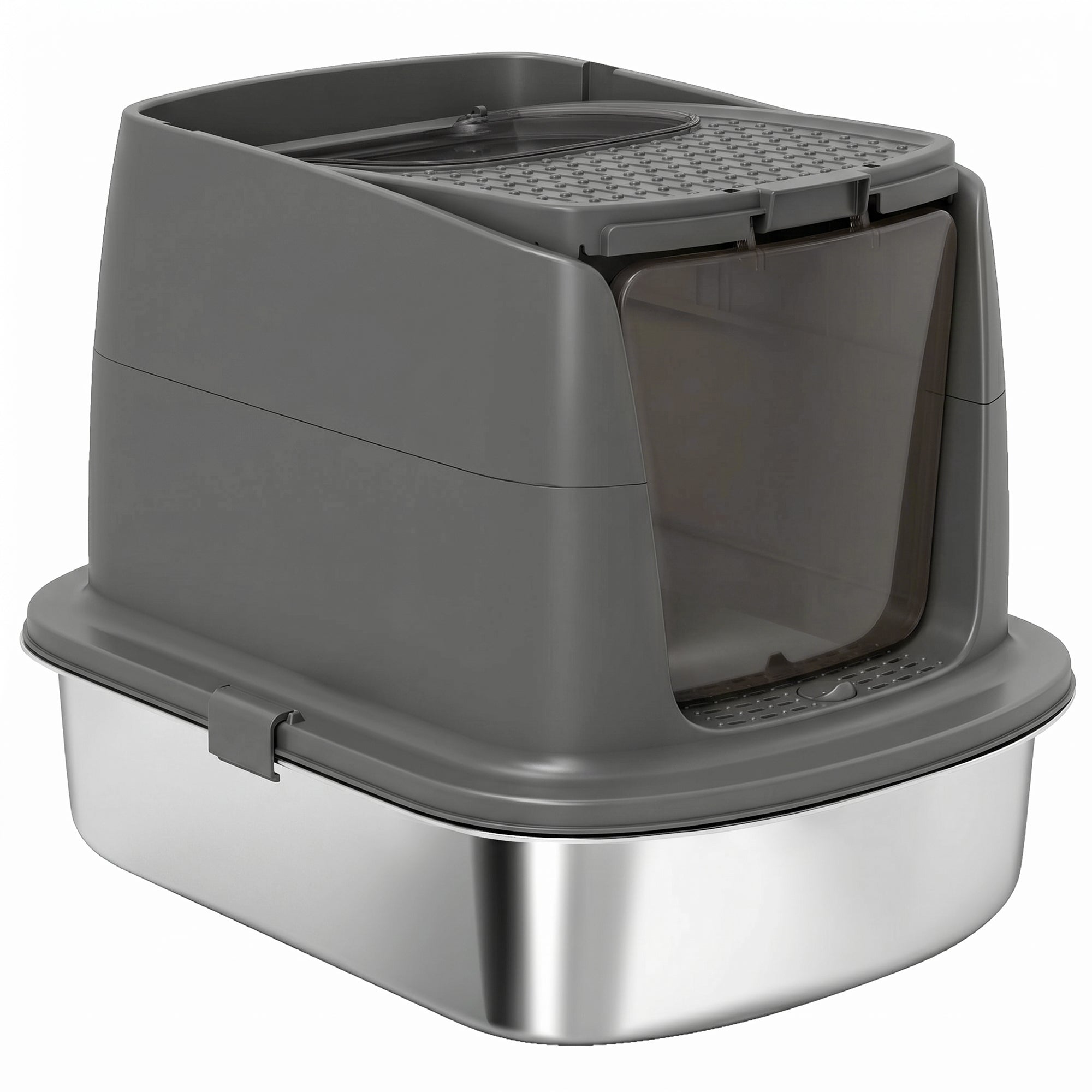 pawhut-bac-liti-re-chat-inox-avec-capot-et-abattant-rabattable-gris-fonc image 2