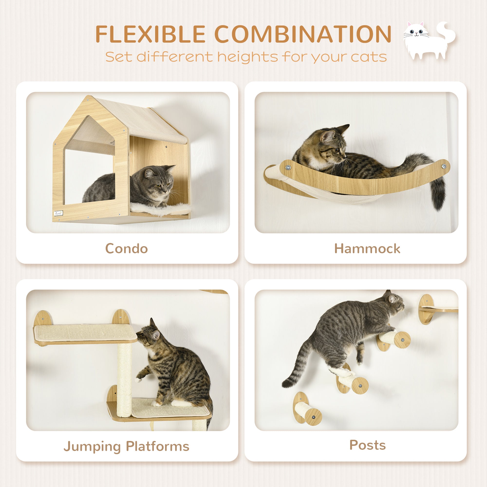 pawhut-arbre-chat-mural-8-pi-ces-beige-avec-condo-perchoirs-et-griffoirs image 7