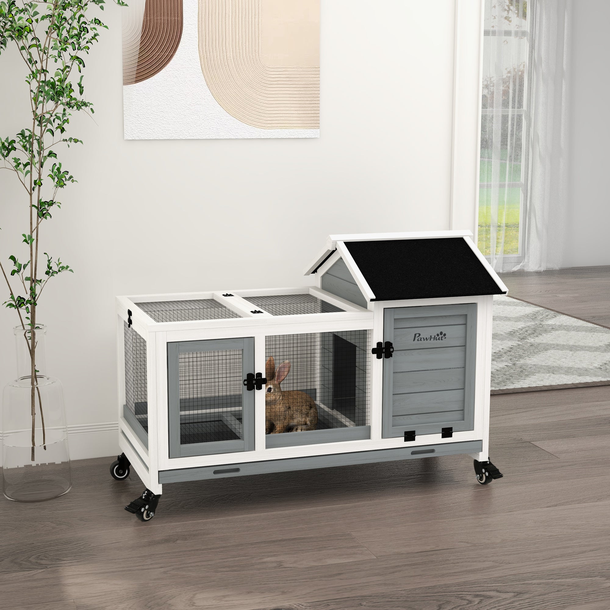 pawhut-clapier-lapins-mobile-en-bois-avec-enclos-gris image 3