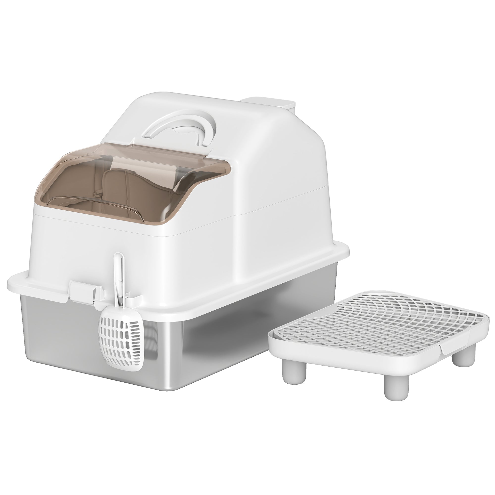 pawhut-bac-liti-re-inox-avec-couvercle-amovible-tapis-et-pelle-blanc image 2