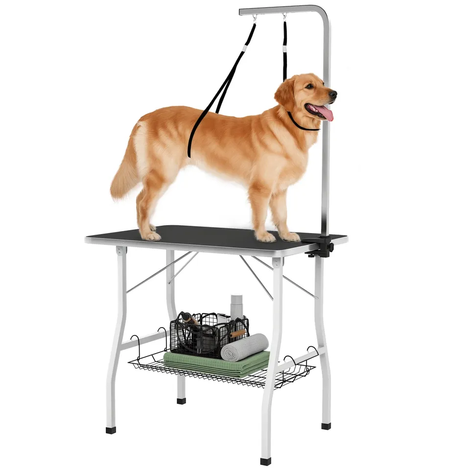 pawhut-table-de-toilettage-35-x-24-x-61-bras-r-glable-plateau-caoutchouc-noir image 1