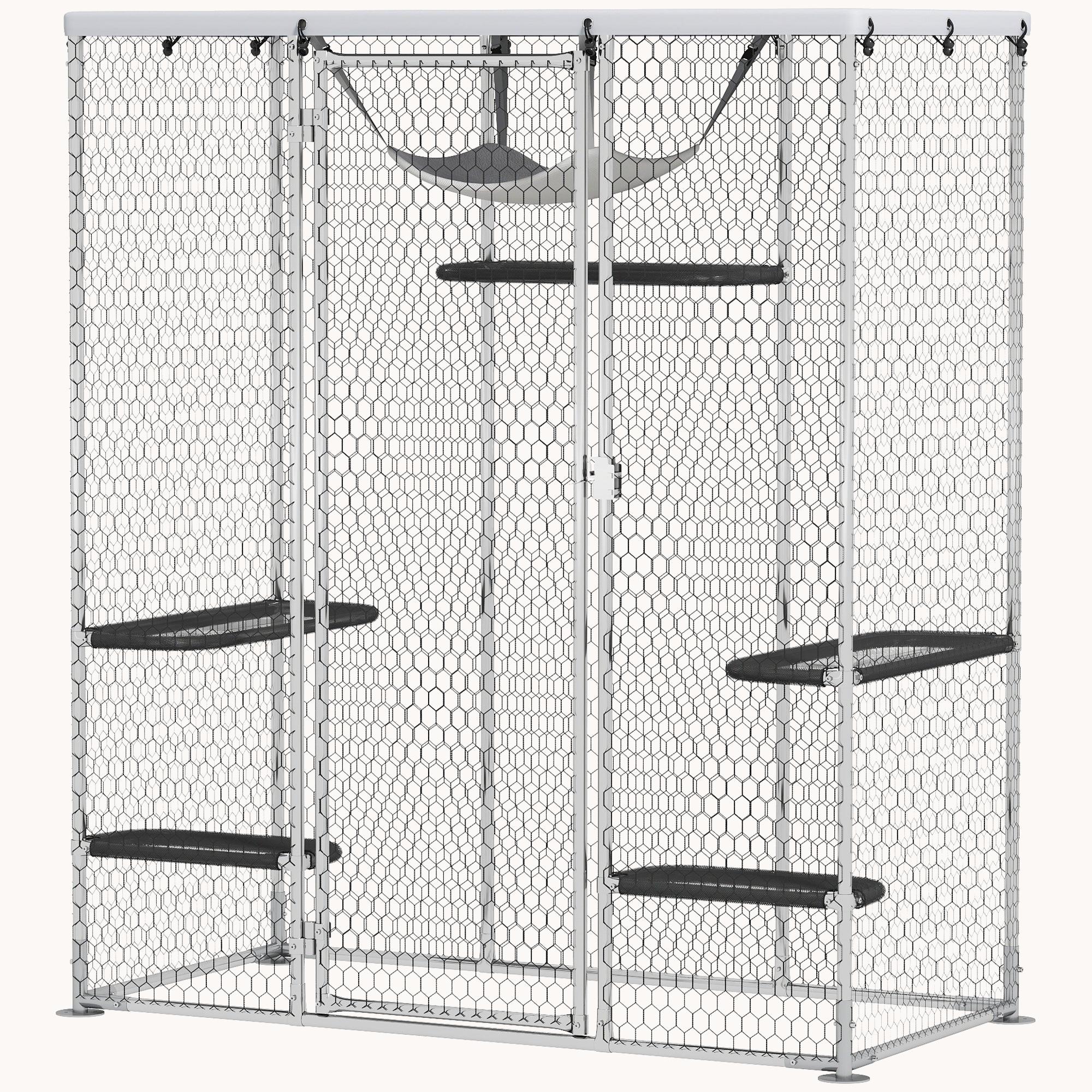 pawhut-catio-ext-rieur-m-tal-avec-5-plateformes-hamac-et-b-che-argent image 2