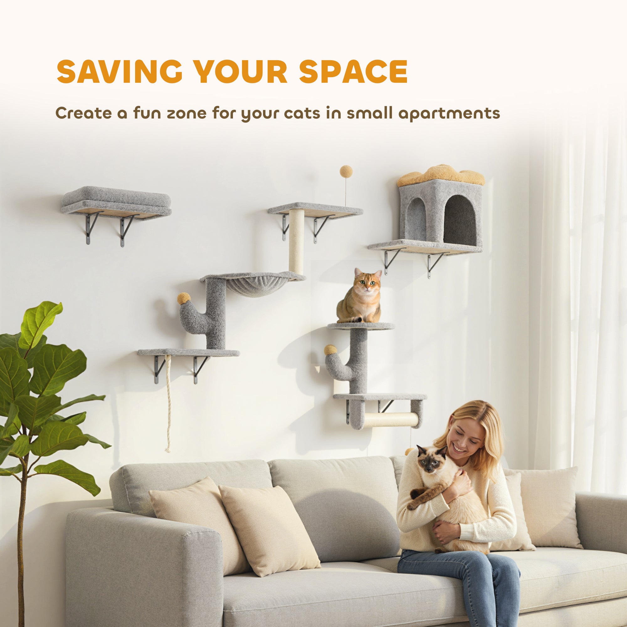 pawhut-set-4-tag-res-murales-pour-chat-avec-niche-hamac-lit-gris-clair image 7