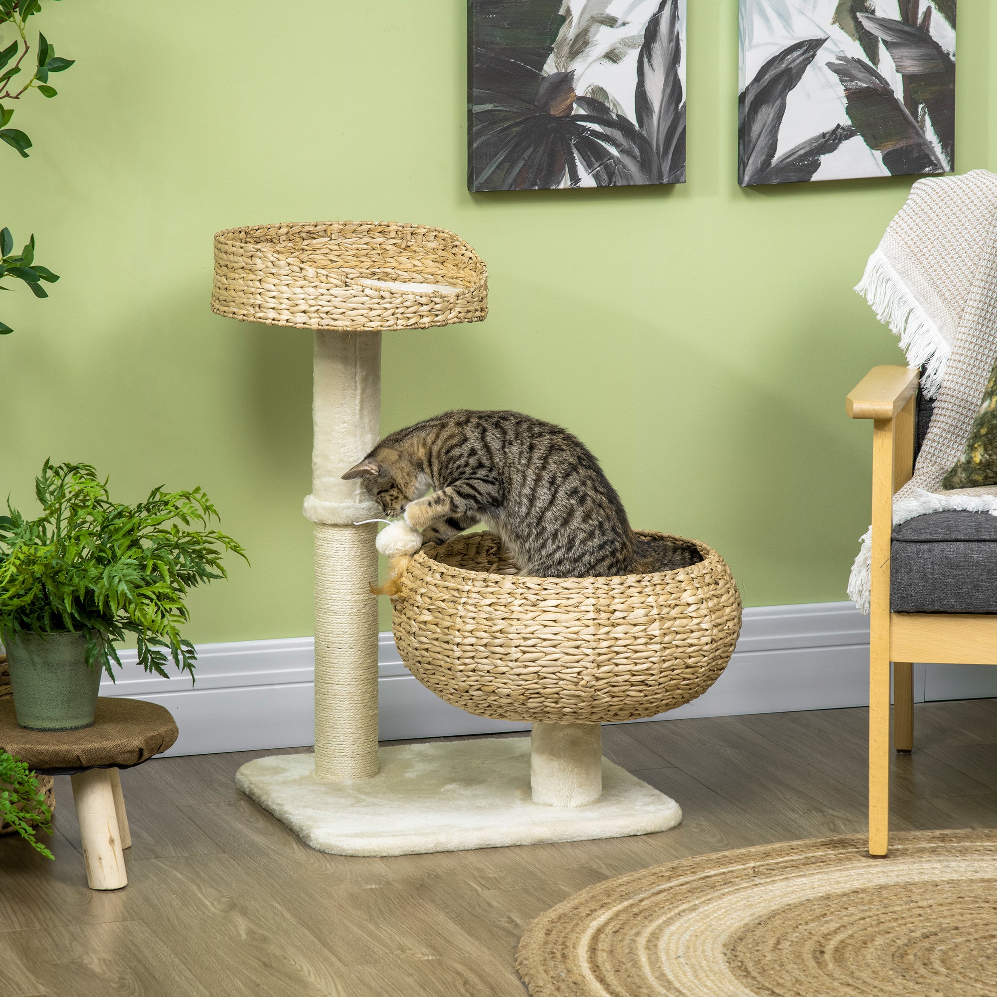 pawhut-arbre-chat-maison-paille-tress-e-72-cm-avec-griffoirs-et-coussins image 3