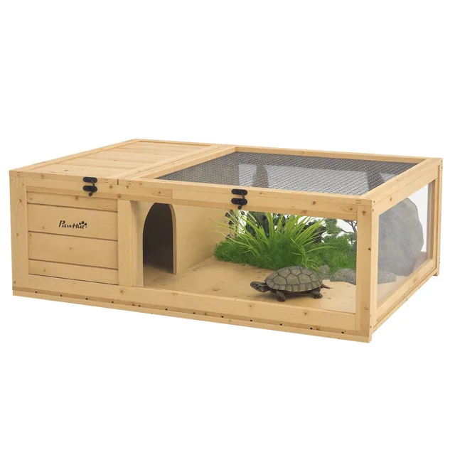 pawhut-maison-tortue-en-bois-2-pi-ces-jaune-clair-habitat-reptile-d-int-rieur image 1