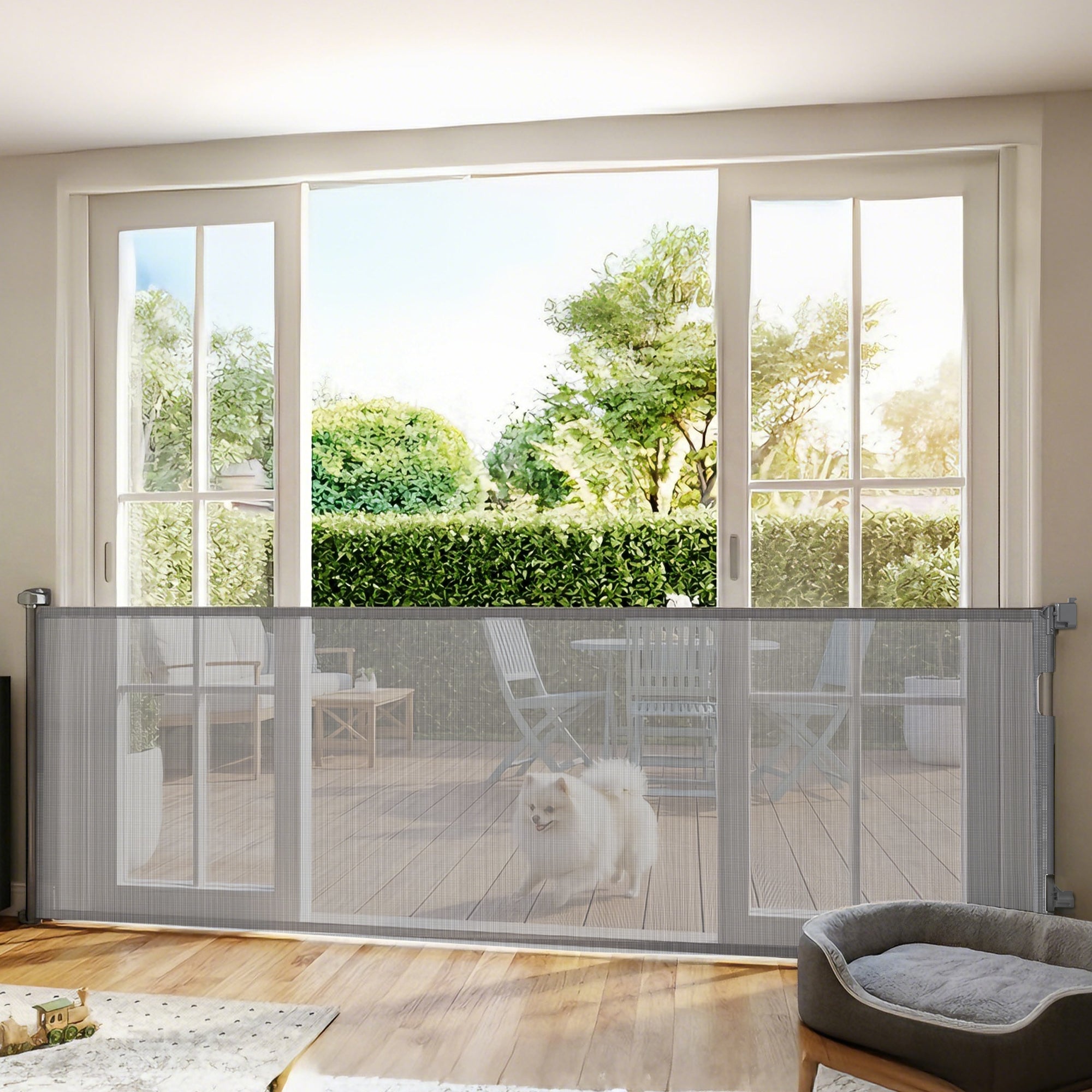 pawhut-barri-re-de-s-curit-chien-r-tractable-300-cm-grise-escaliers-et-portes image 4