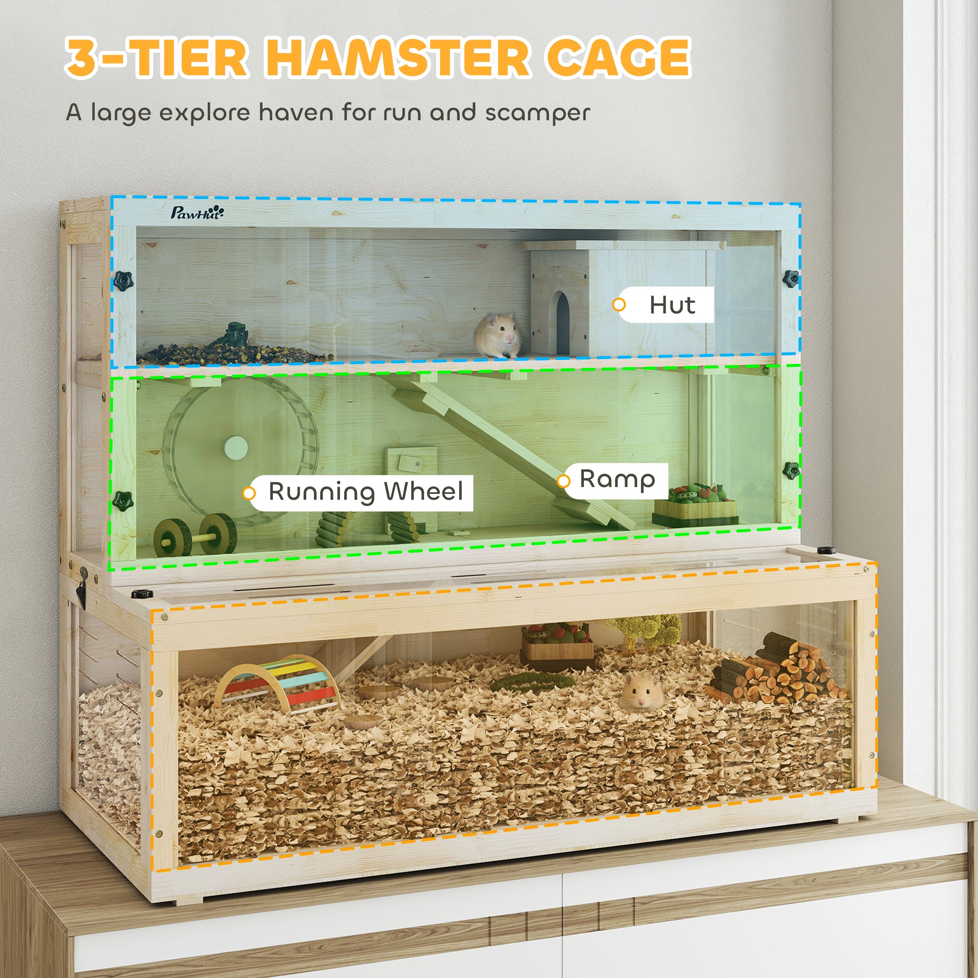 pawhut-cage-hamster-bois-100-x-50-x-84-cm-3-tages-avec-roue-et-rampes image 6