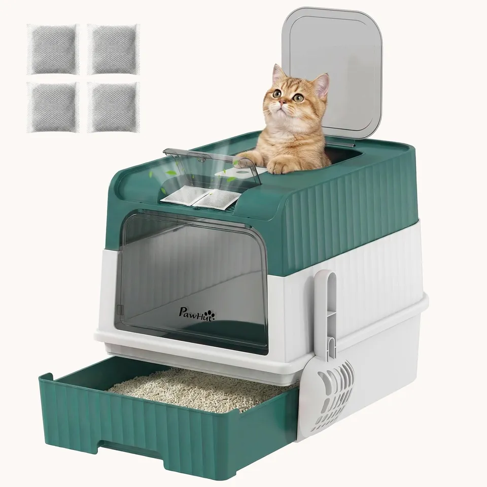 pawhut-bac-liti-re-pour-chat-enclosed-avec-tiroir-pelle-et-sortie-haute-bleu-sar image 1