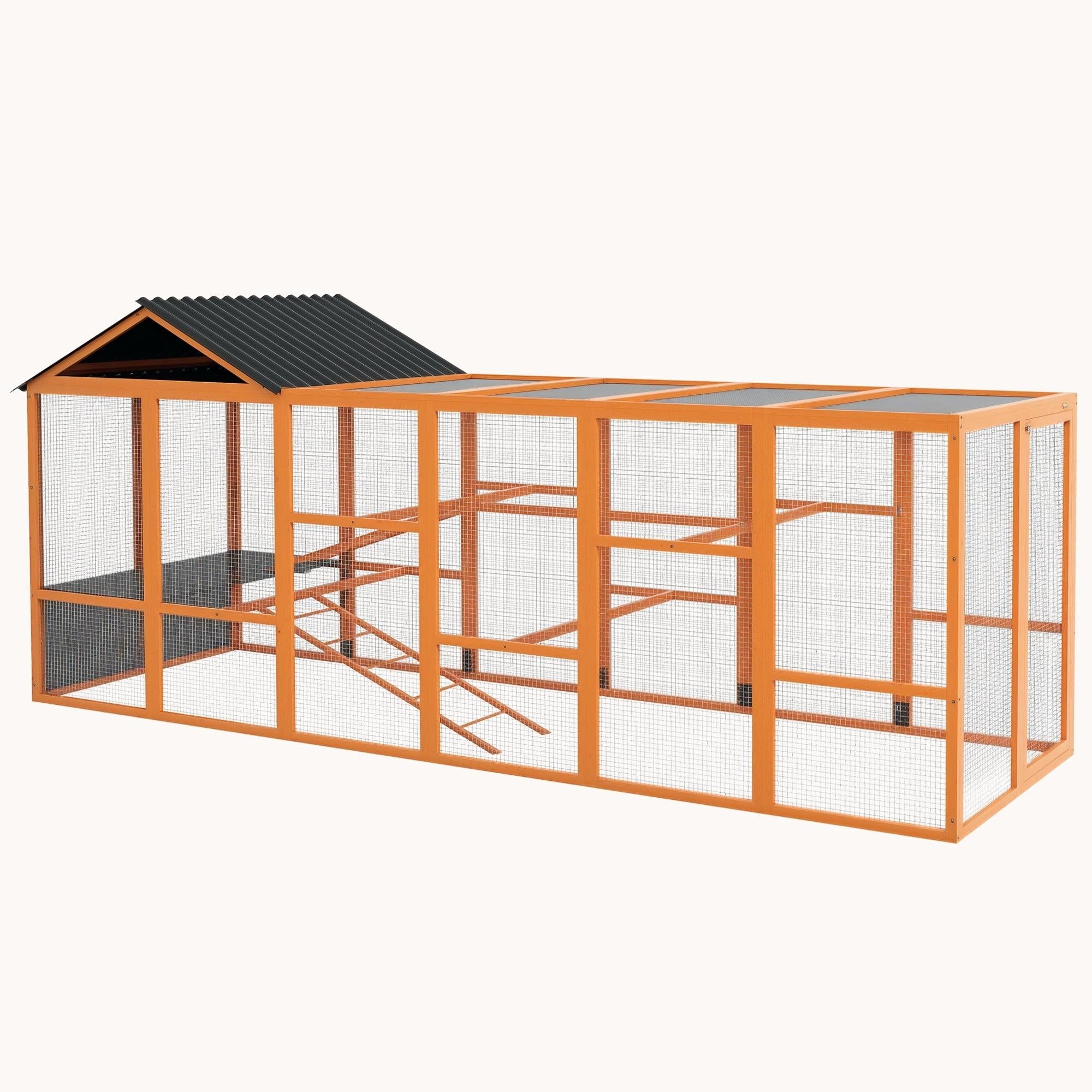 pawhut-extension-enclos-poules-bois-avec-rangement-perchoirs-et-chelles-orange image 1
