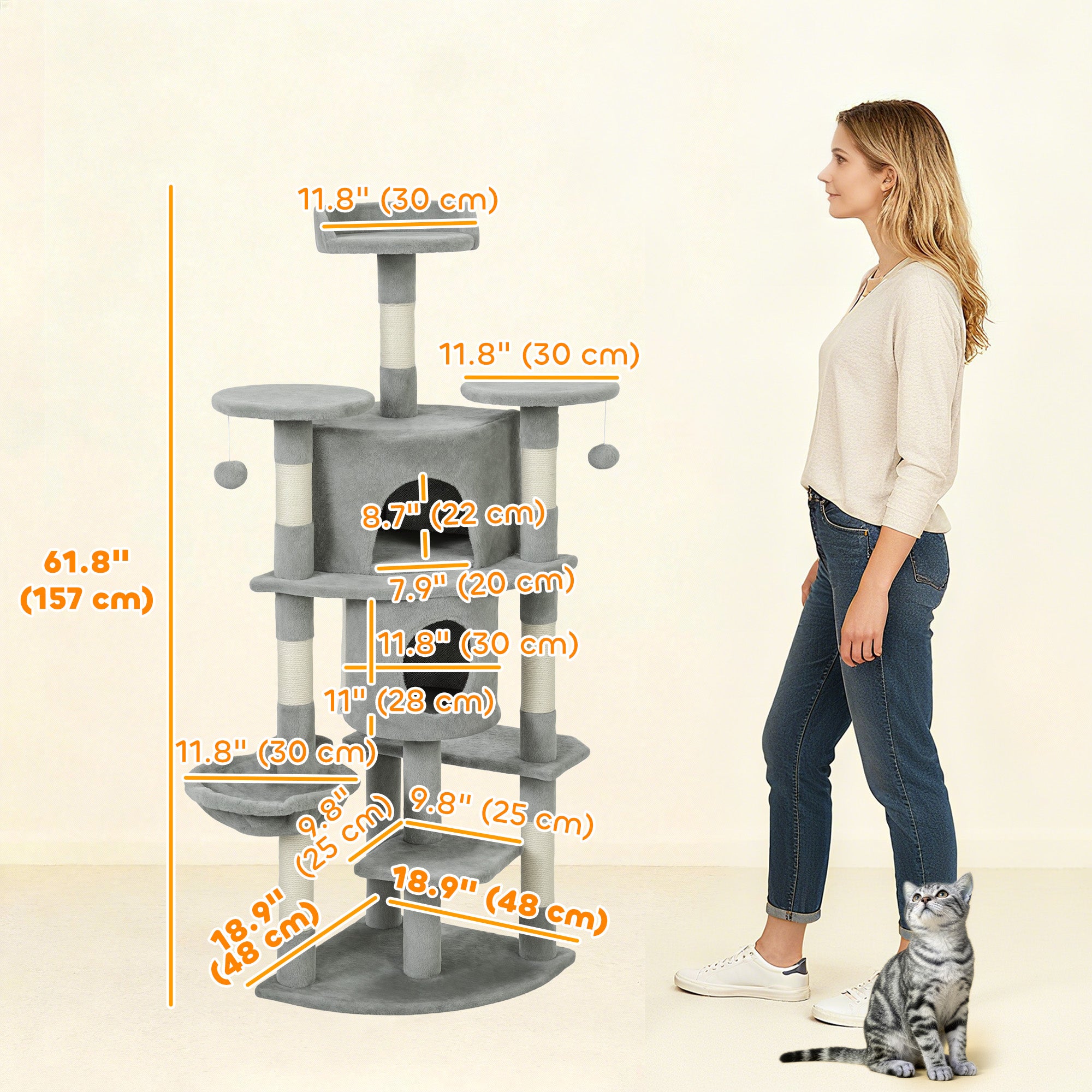 pawhut-arbre-chat-157-cm-62-avec-2-niches-hamac-et-perchoirs-gris-clair image 5