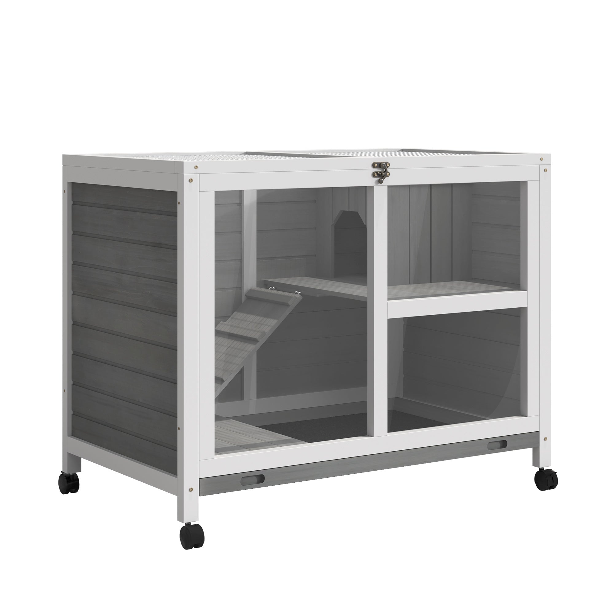 pawhut-cage-2-tages-en-bois-roulettes-pour-petits-animaux-gris image 1