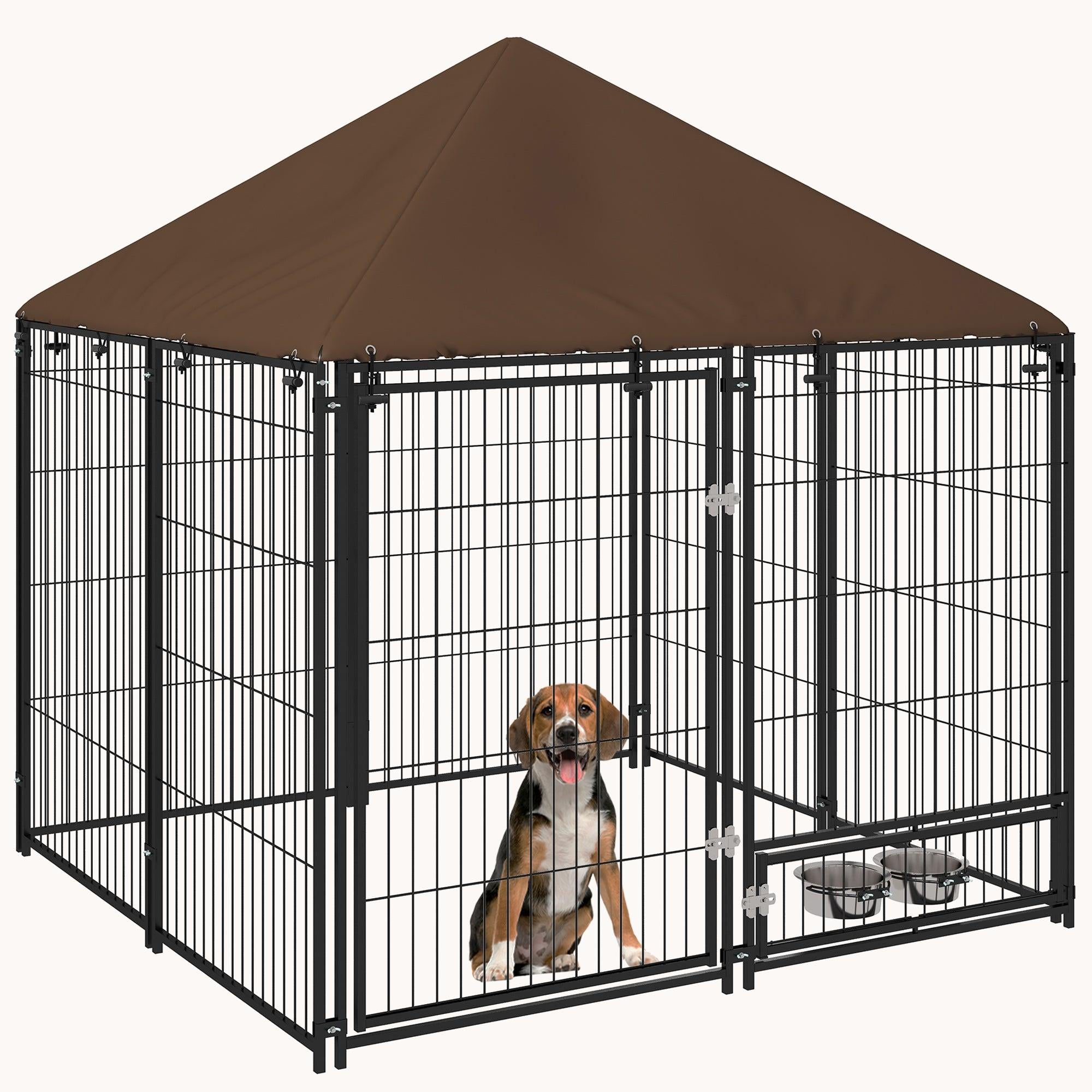 pawhut-enclos-chien-ext-rieur-140-x-140-x-152-cm-avec-auvent-et-gamelle image 1