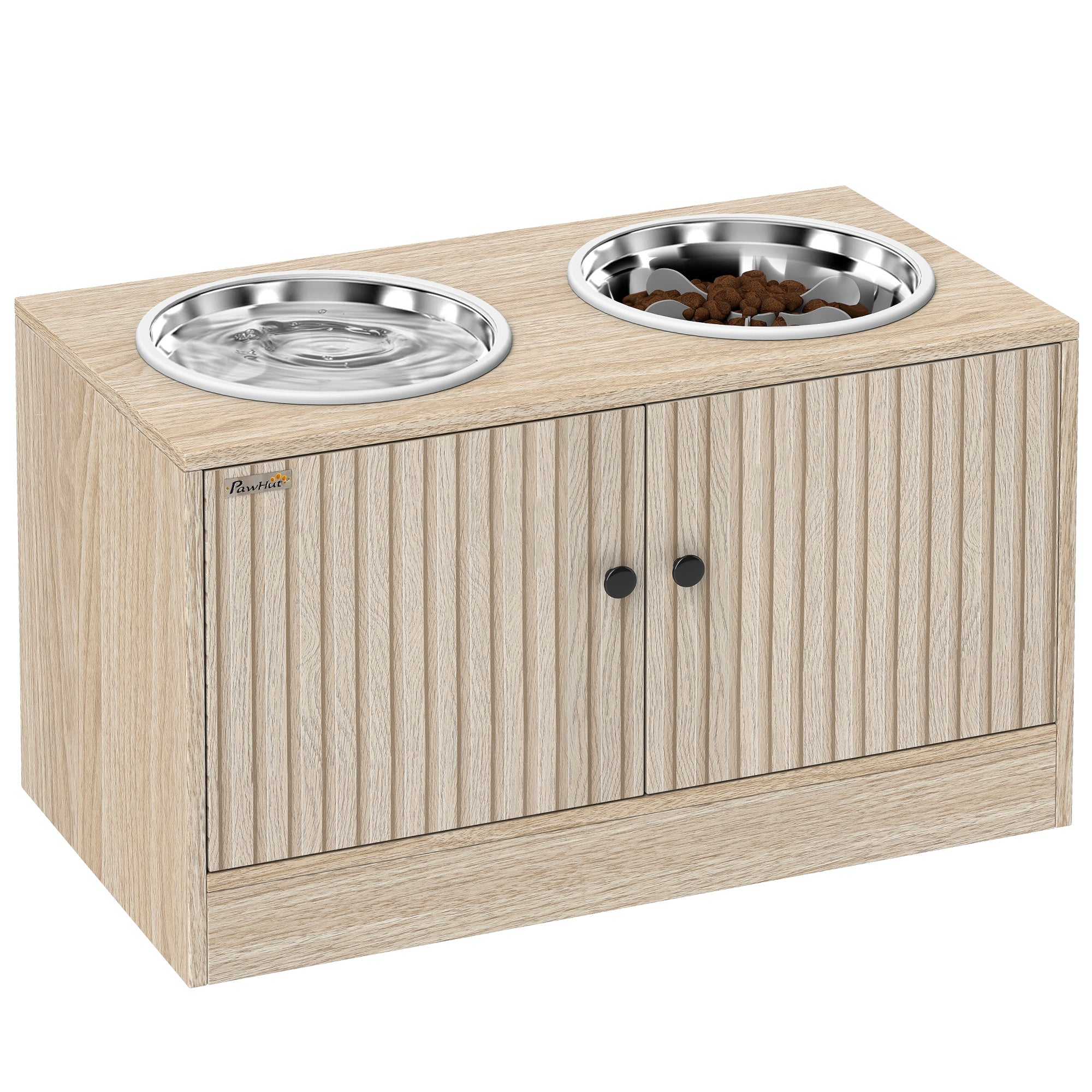 pawhut-gamelles-sur-lev-es-pour-chien-avec-meuble-ch-ne-et-2-bols-inox image 1