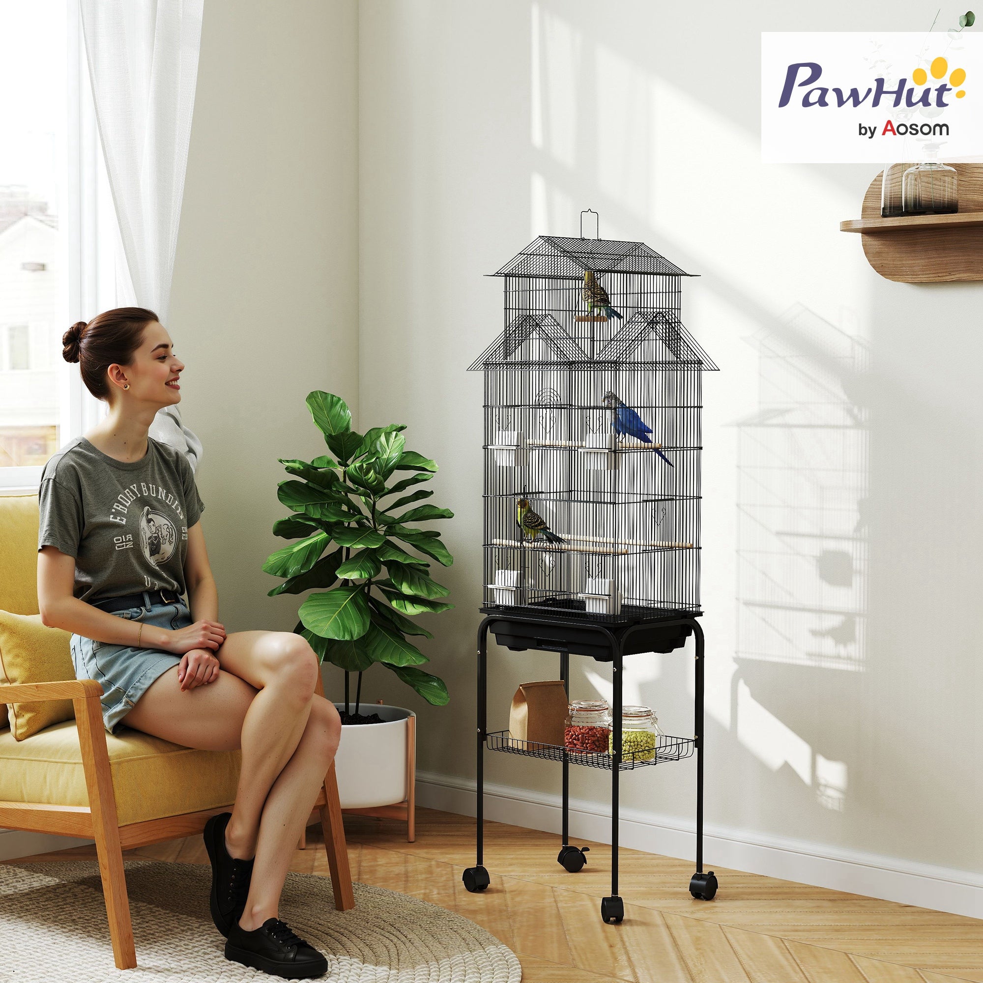 pawhut-cage-oiseaux-mobile-sur-roulettes-avec-perchoirs-43-x-32-5-x-163-cm image 3
