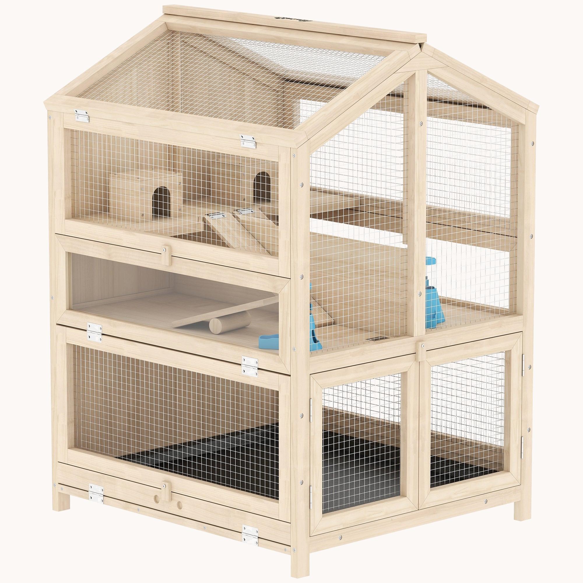 pawhut-cage-hamster-en-bois-3-tages-26-8-avec-s-parateur-toboggans-et-cabanes-na image 2