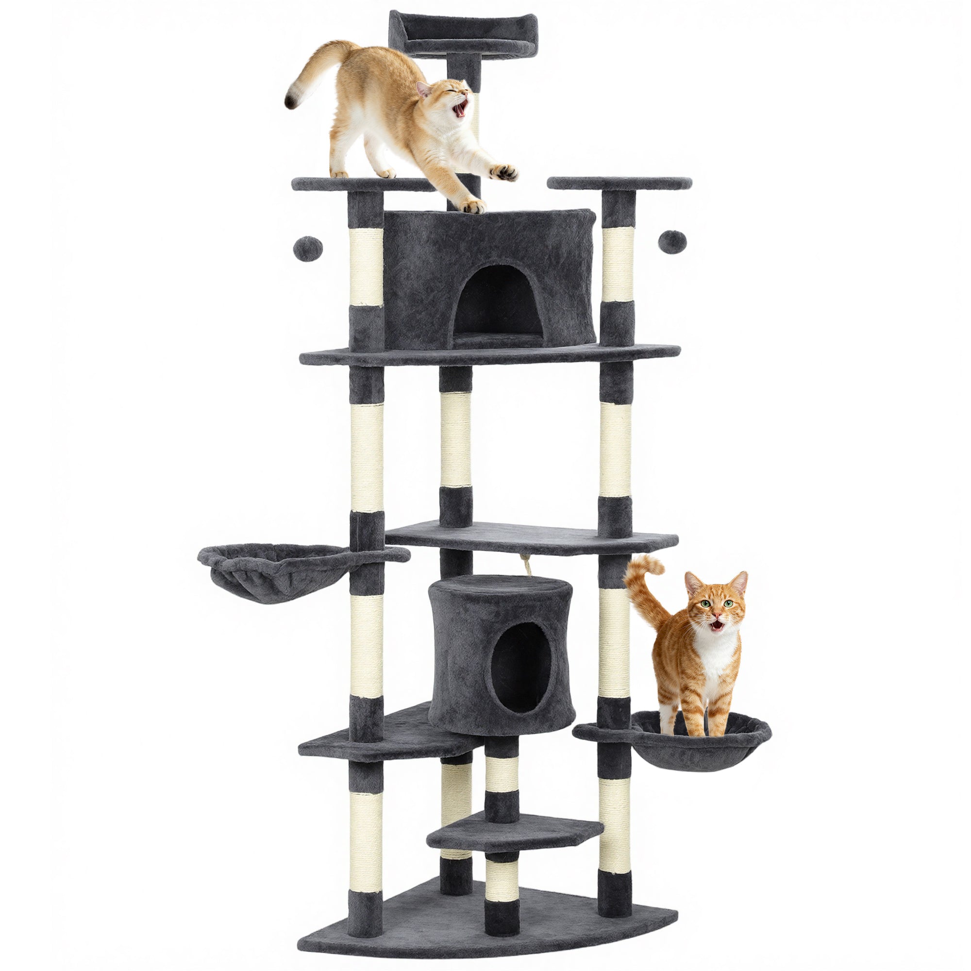 pawhut-arbre-chat-200-cm-avec-niche-2-hamacs-et-griffoirs-gris-fonc image 1