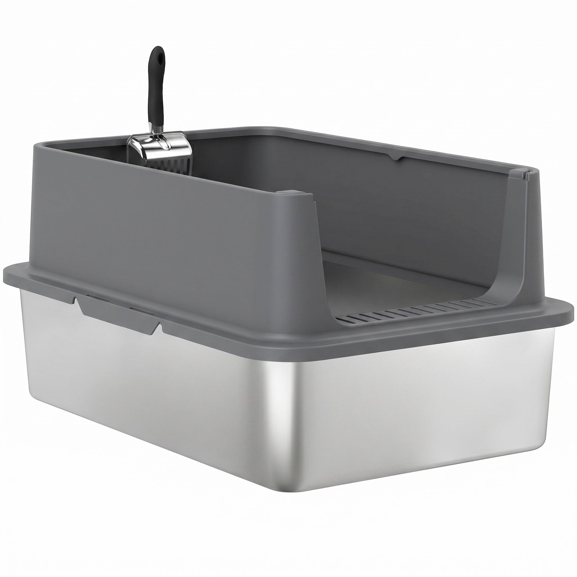 pawhut-bac-liti-re-chat-inox-xl-parois-hautes-avec-pelle-anti-fuite-gris-fonc image 2