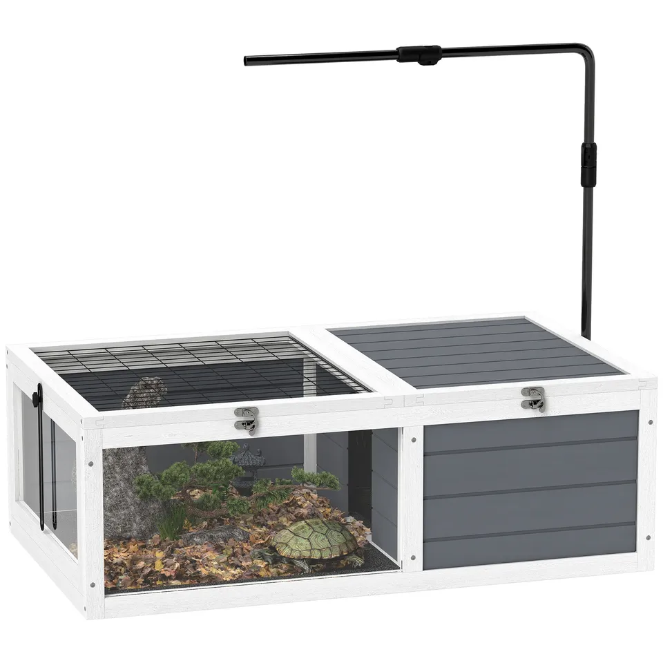 pawhut-maison-tortue-en-bois-habitat-ensoleill-avec-support-lampe-chauffante-gri image 1