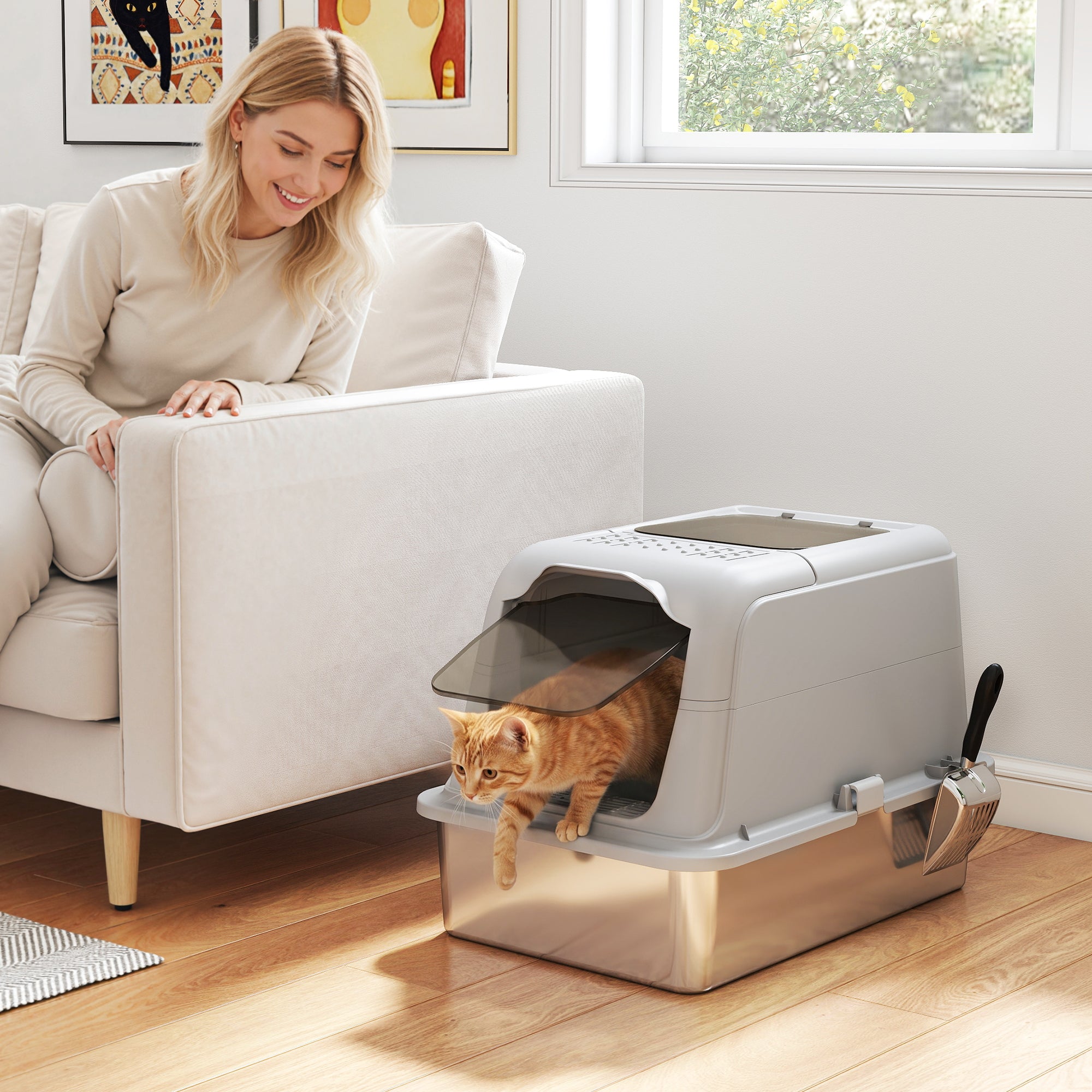 pawhut-bac-liti-re-chat-inox-xxl-ferm-double-entr-e-avant-sortie-haute image 3