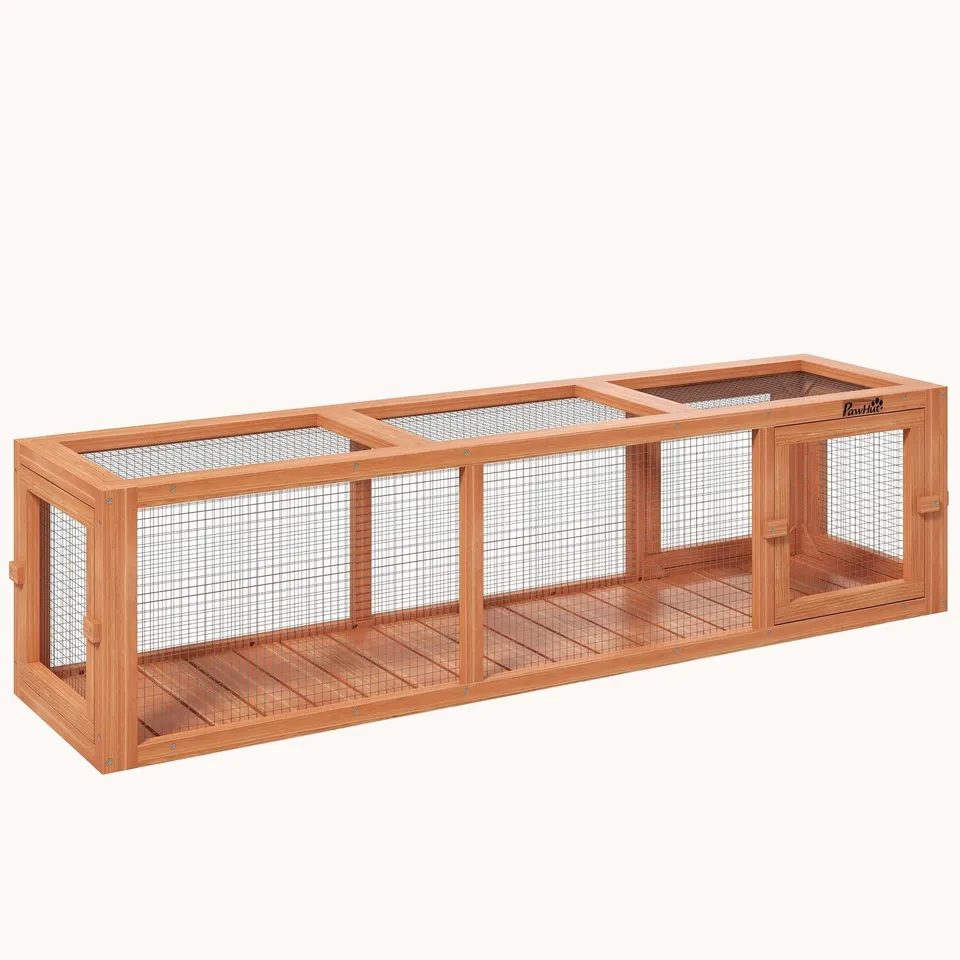 pawhut-tunnel-ext-rieur-pour-chat-150-cm-cadre-bois-avec-4-portes-naturel image 1