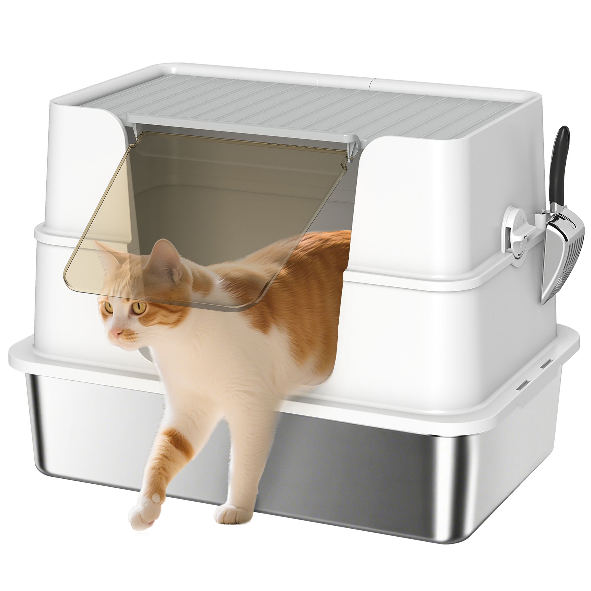 pawhut-bac-liti-re-pour-chat-inox-xl-couvert-gris-clair-avec-pelle image 1
