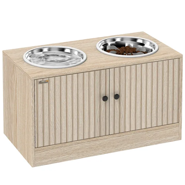 pawhut-gamelles-sur-lev-es-pour-chien-avec-meuble-ch-ne-et-2-bols-inox image 1