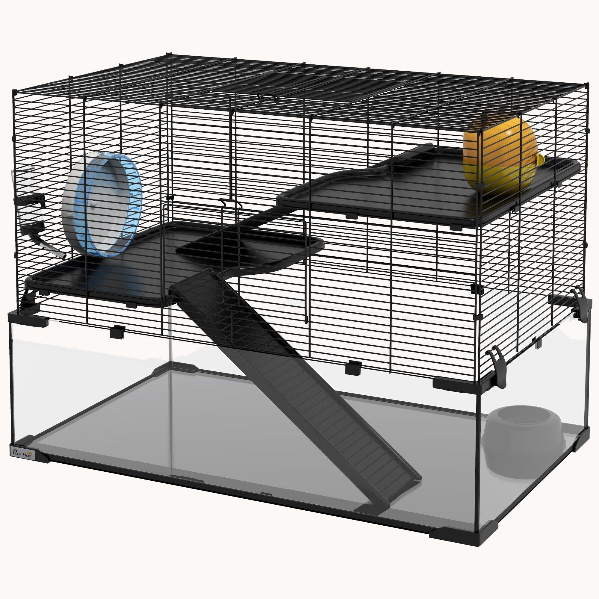 pawhut-cage-hamster-3-tages-79-x-48-x-57-cm-avec-fond-verre-tremp-et-accessoires image 3