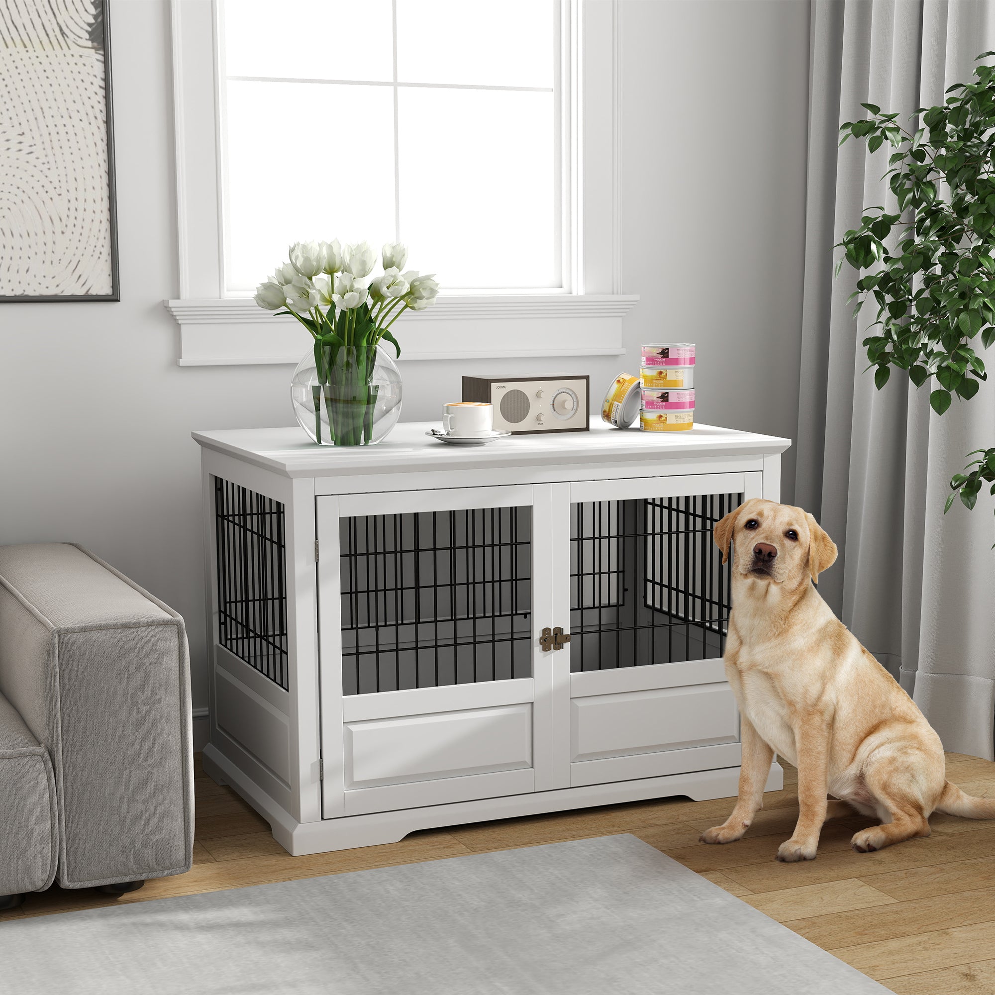 pawhut-cage-meuble-chien-xl-3-portes-avec-tiroir-blanc image 5