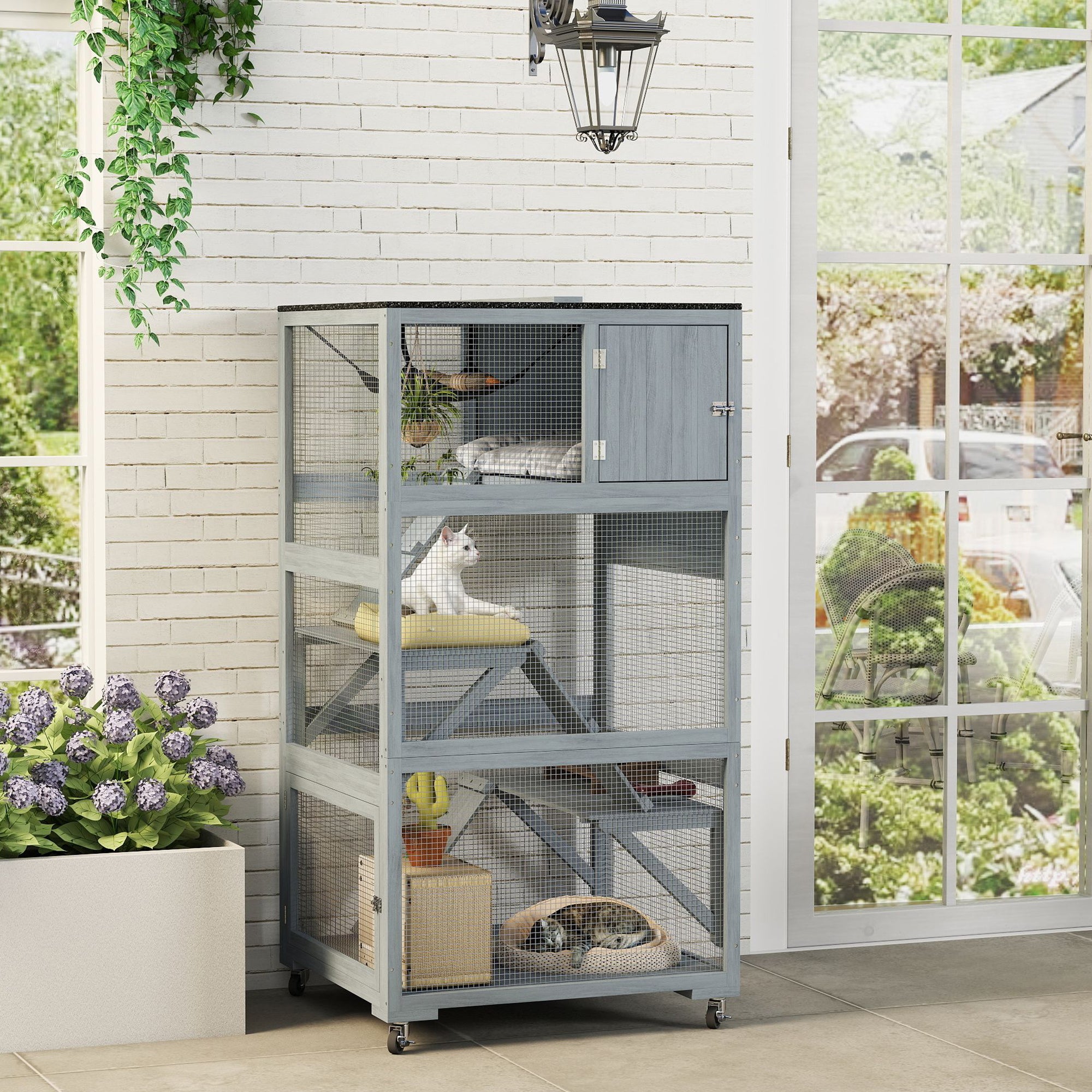 pawhut-catio-ext-rieur-66-pouces-sur-roues-avec-hamac-et-plateformes-gris image 3