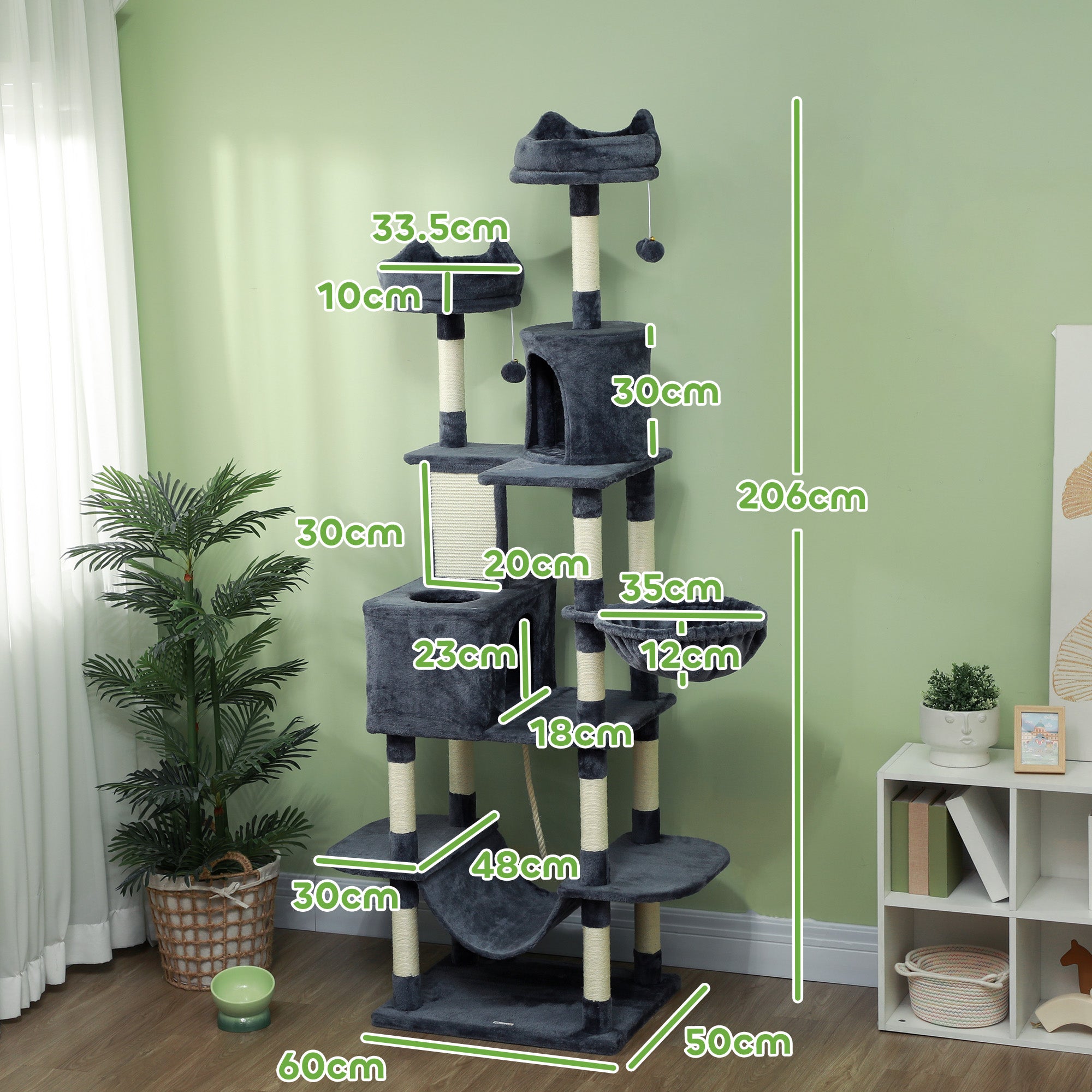pawhut-arbre-chat-206-cm-multi-niveaux-avec-niches-et-griffoirs-sisal-gris-fonc image 5