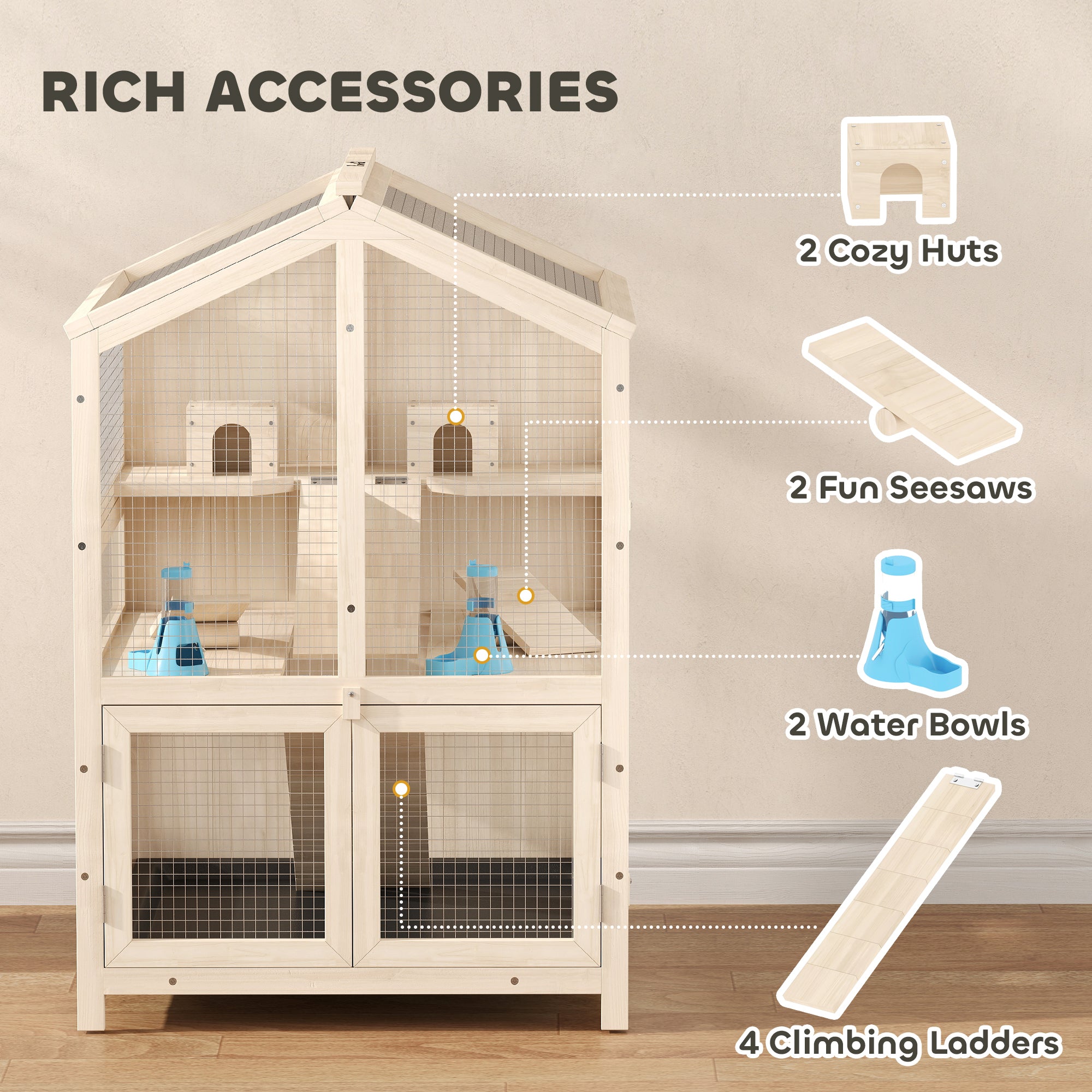 pawhut-cage-hamster-en-bois-3-tages-26-8-avec-s-parateur-toboggans-et-cabanes-na image 7
