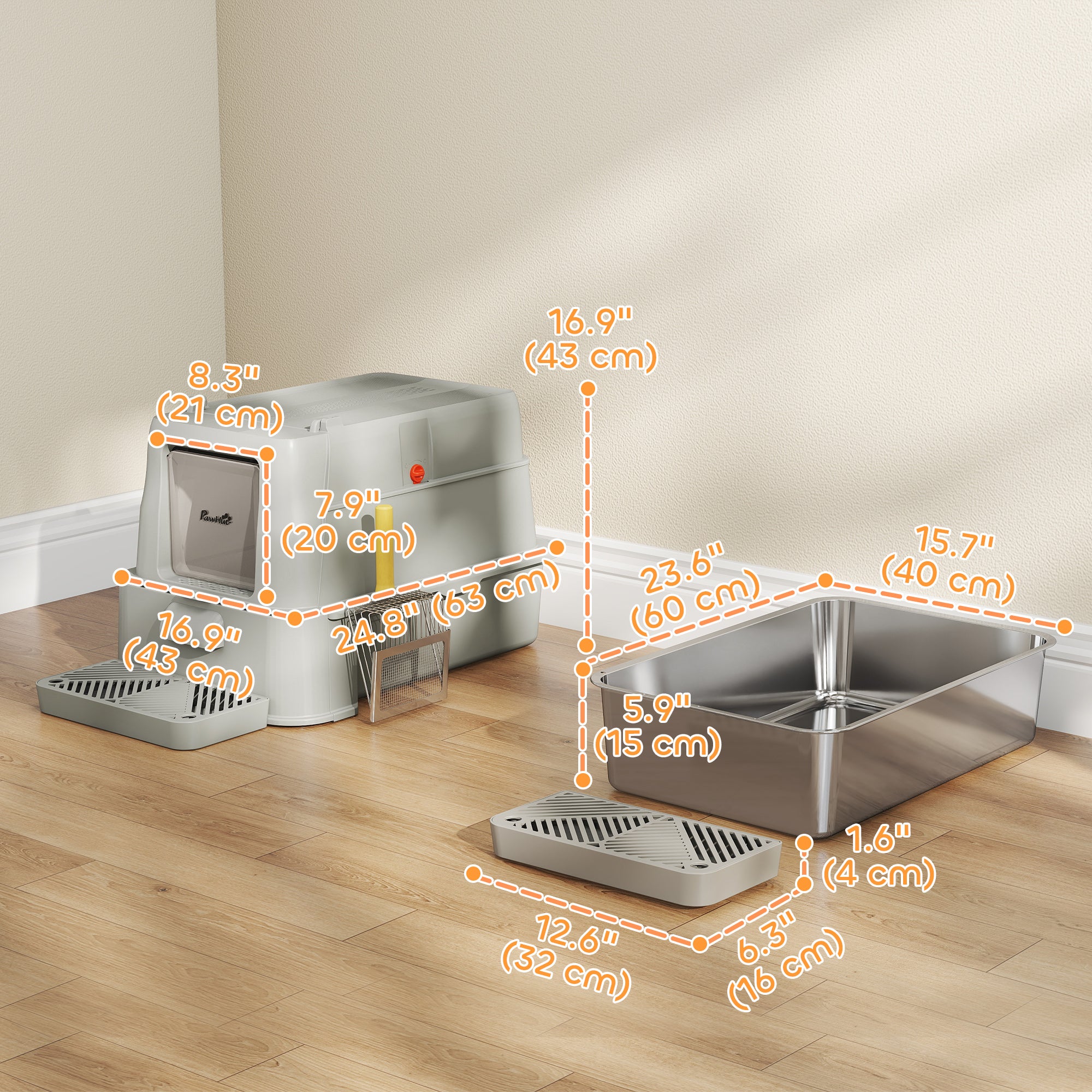 pawhut-bac-liti-re-xl-inox-avec-couvercle-et-tiroir-coulissant-gris-clair image 5