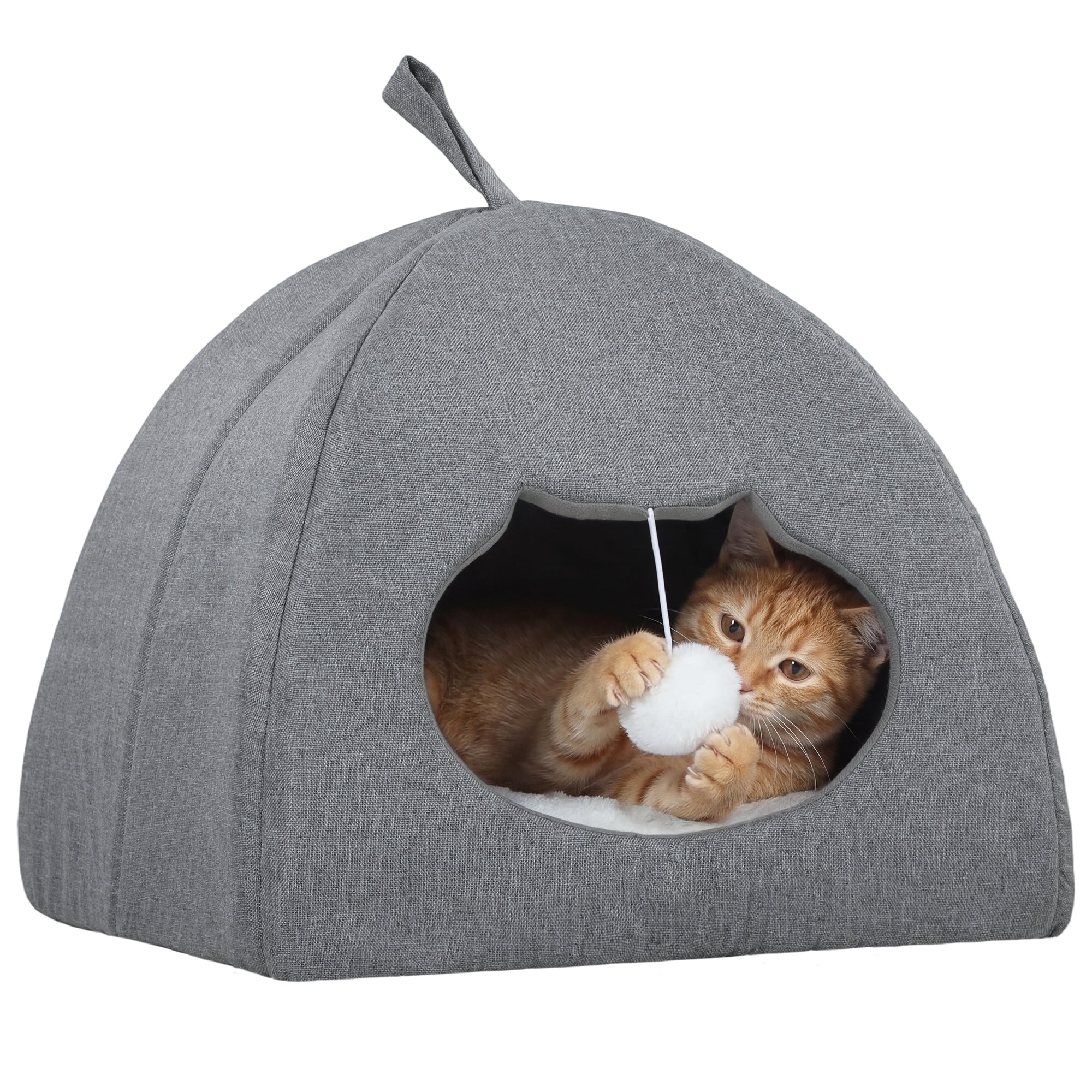 pawhut-niche-grotte-pour-chat-avec-coussin-r-versible-et-balle-42x42x39-cm-gris image 1