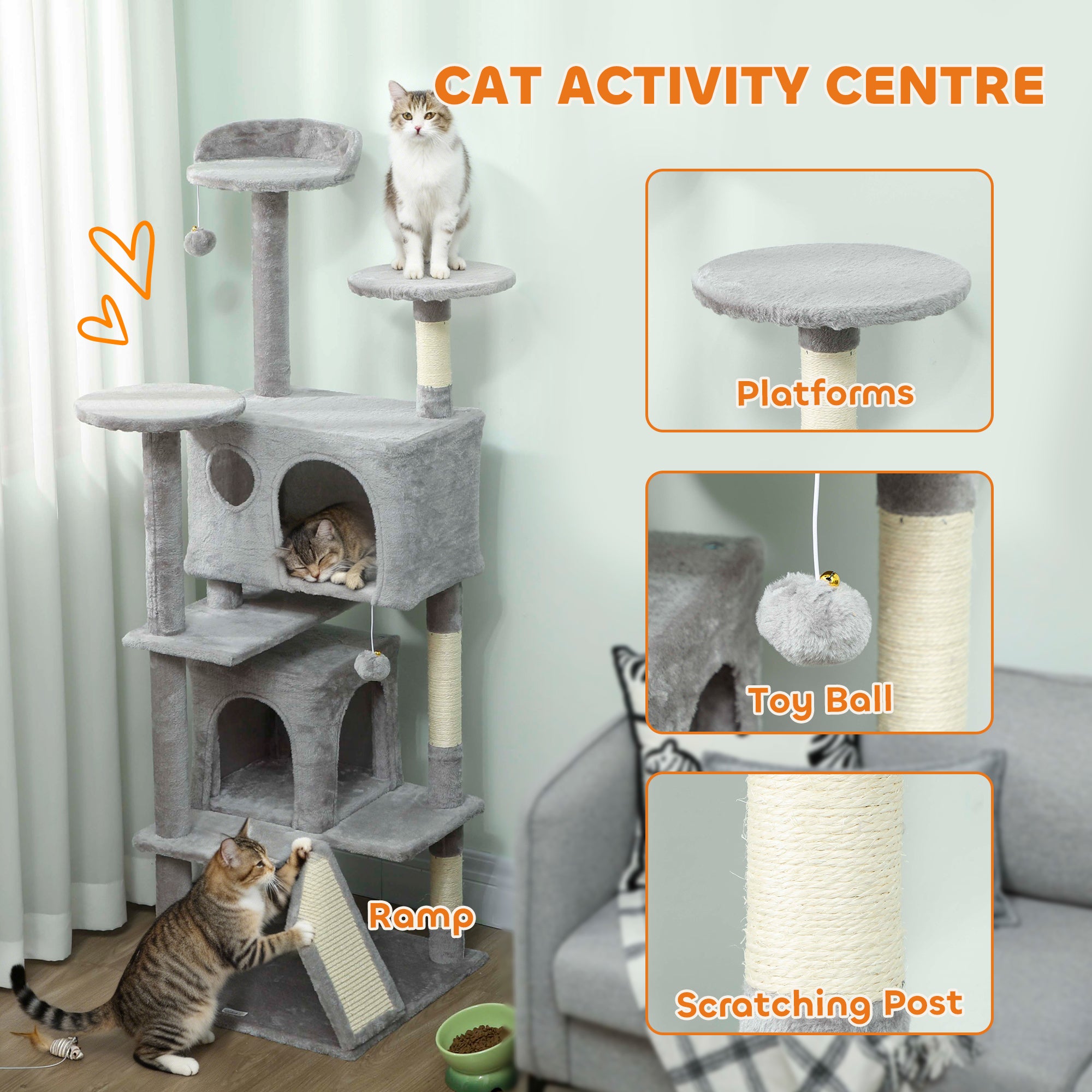 pawhut-arbre-chat-63-avec-condos-lit-rampe-et-griffoir-gris-clair image 6
