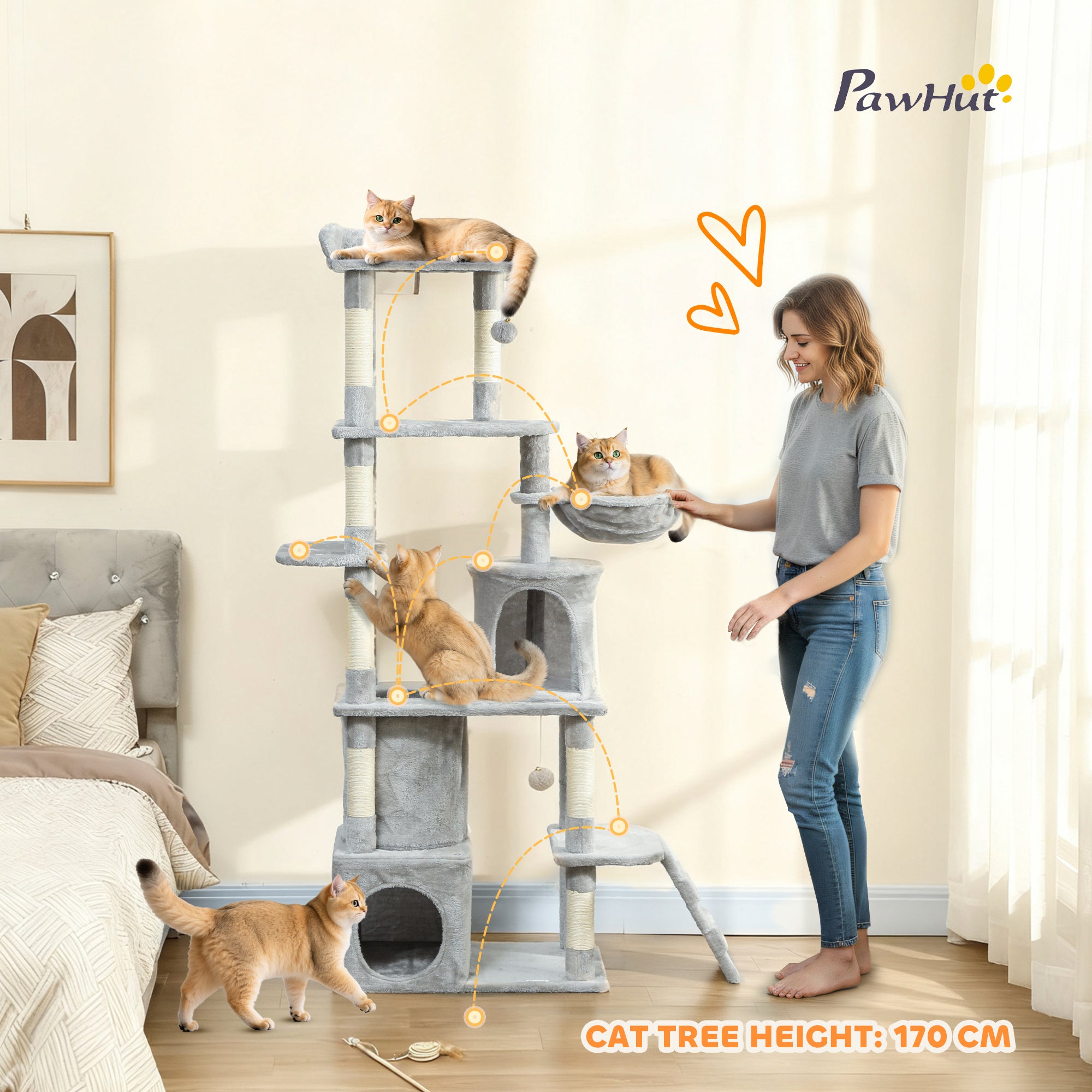 pawhut-grand-arbre-chat-170-cm-7-griffoirs-tunnel-2-niches-hamac-gris-clair image 6