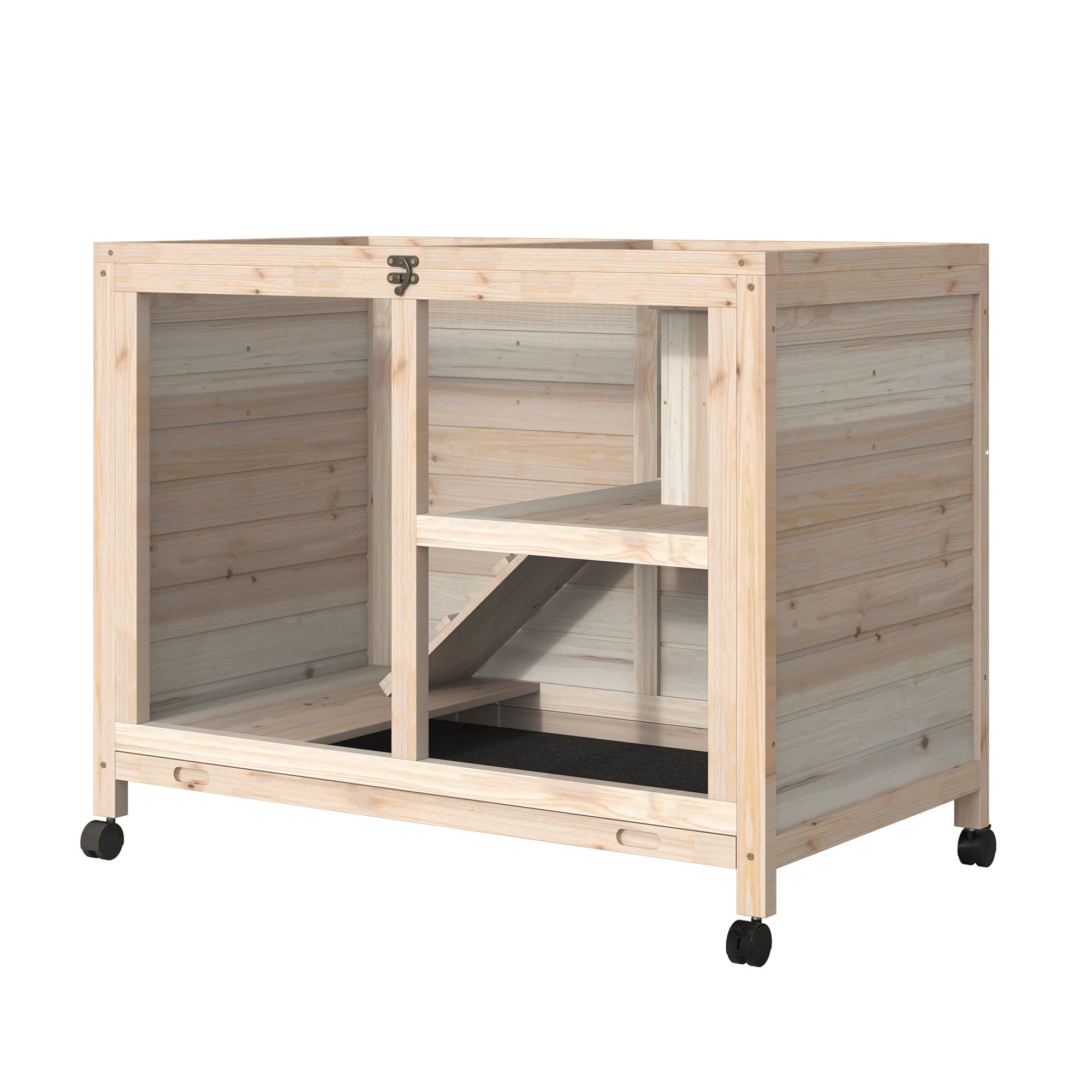 pawhut-cage-cochon-d-inde-2-tages-en-bois-roulettes-toit-ouvrant-naturel image 2