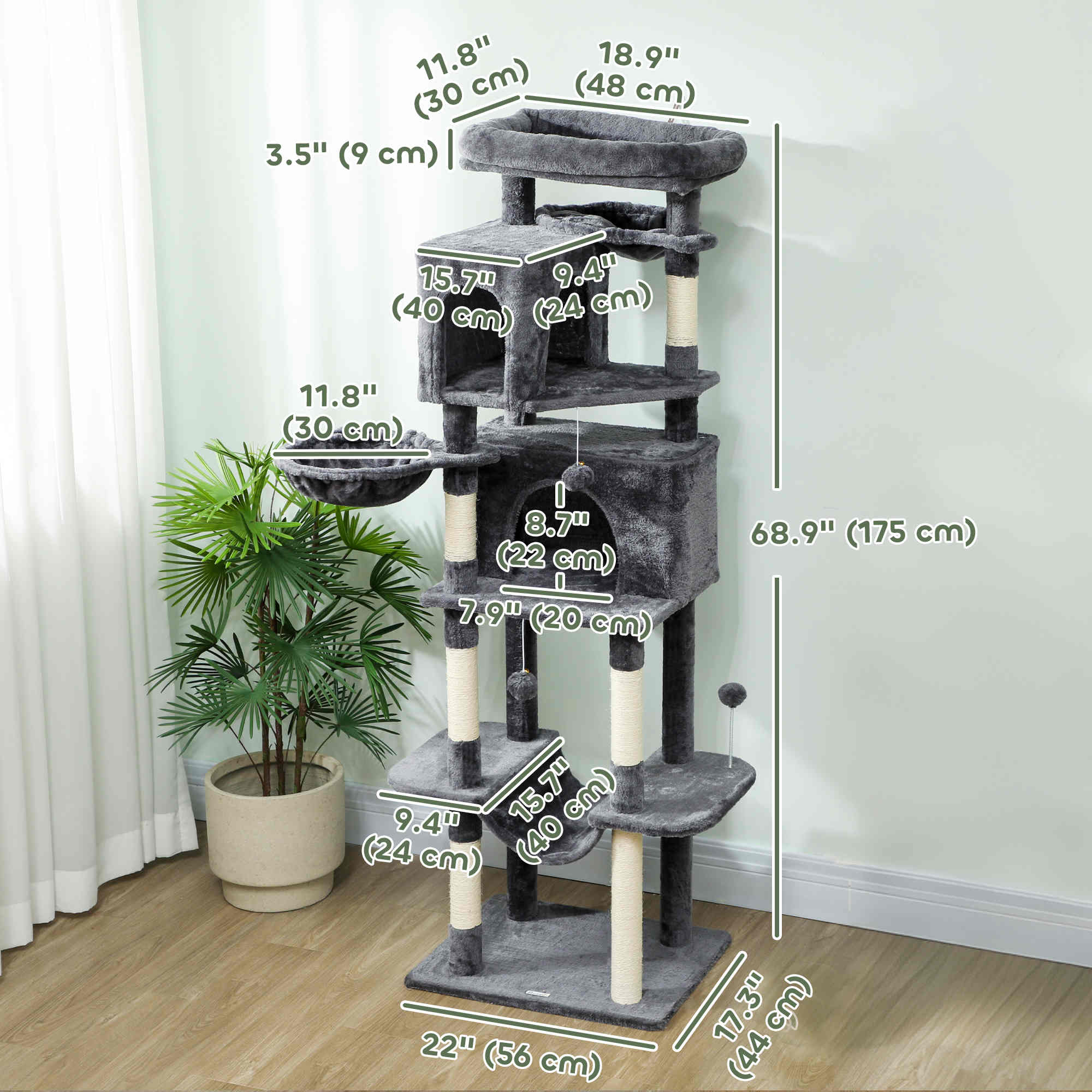 pawhut-arbre-chat-175-cm-type-tour-avec-2-niches-3-hamacs-et-perchoirs-gris-fonc image 5