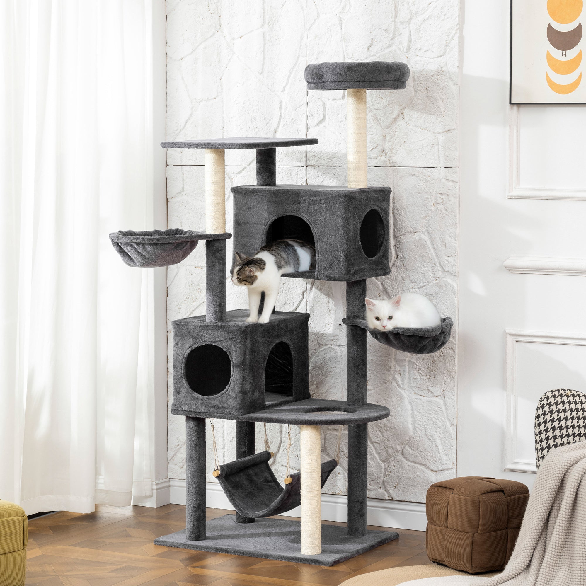 pawhut-arbre-chat-168-cm-2-niches-3-hamacs-avec-nid-sup-rieur-gris-fonc image 4