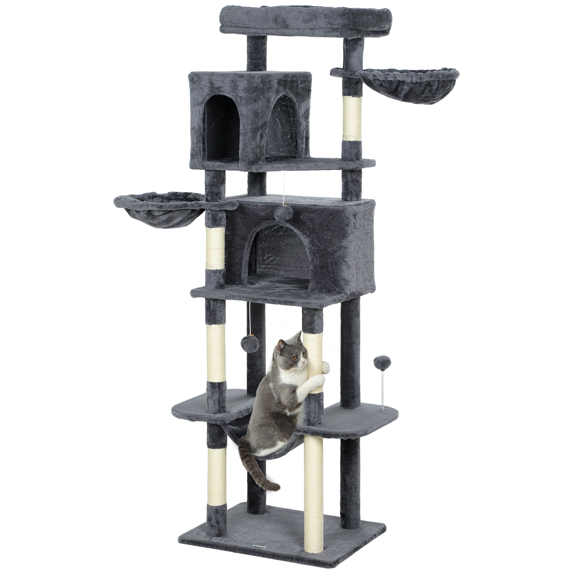 pawhut-arbre-chat-175-cm-type-tour-avec-2-niches-3-hamacs-et-perchoirs-gris-fonc image 1