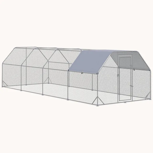 pawhut-grand-enclos-poulailler-m-tallique-walk-in-avec-b-che-7-6-x-2-8-m-argent image 1