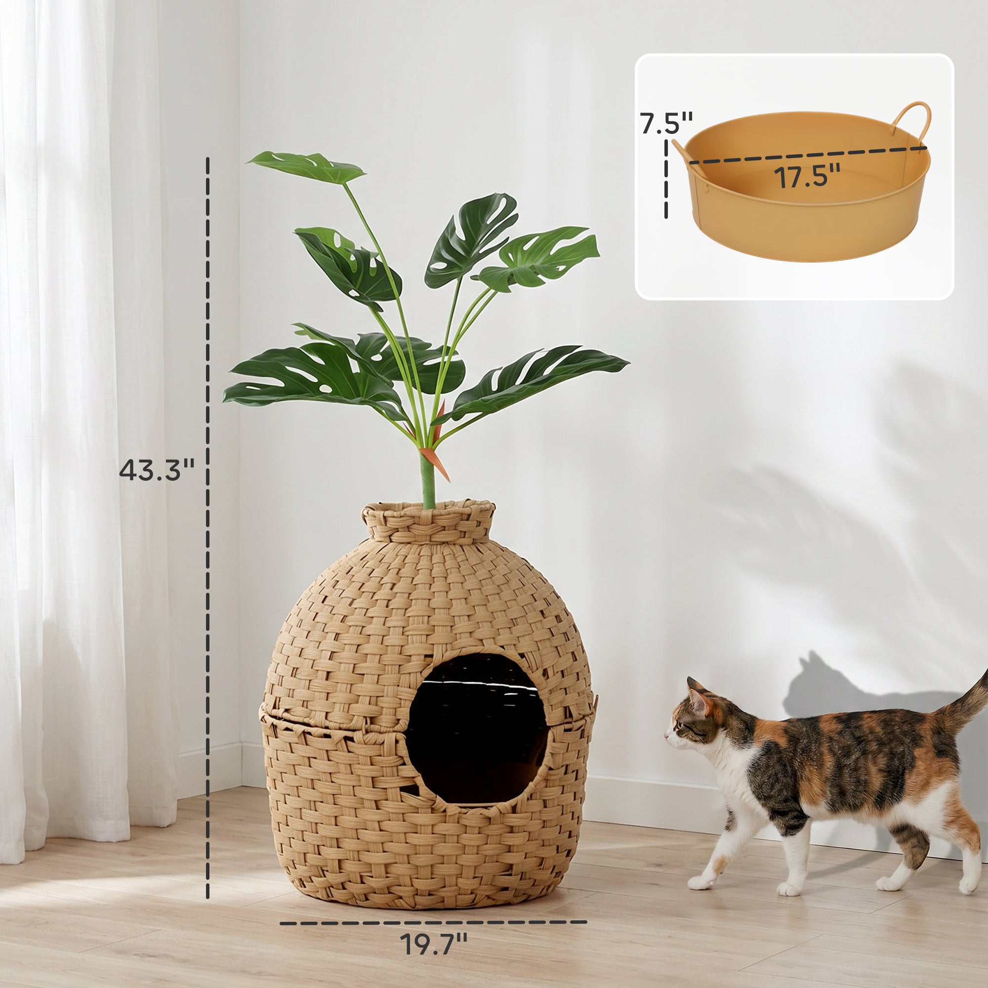 pawhut-meuble-liti-re-chat-cach-e-en-rotin-avec-plante-et-bac-inox image 5