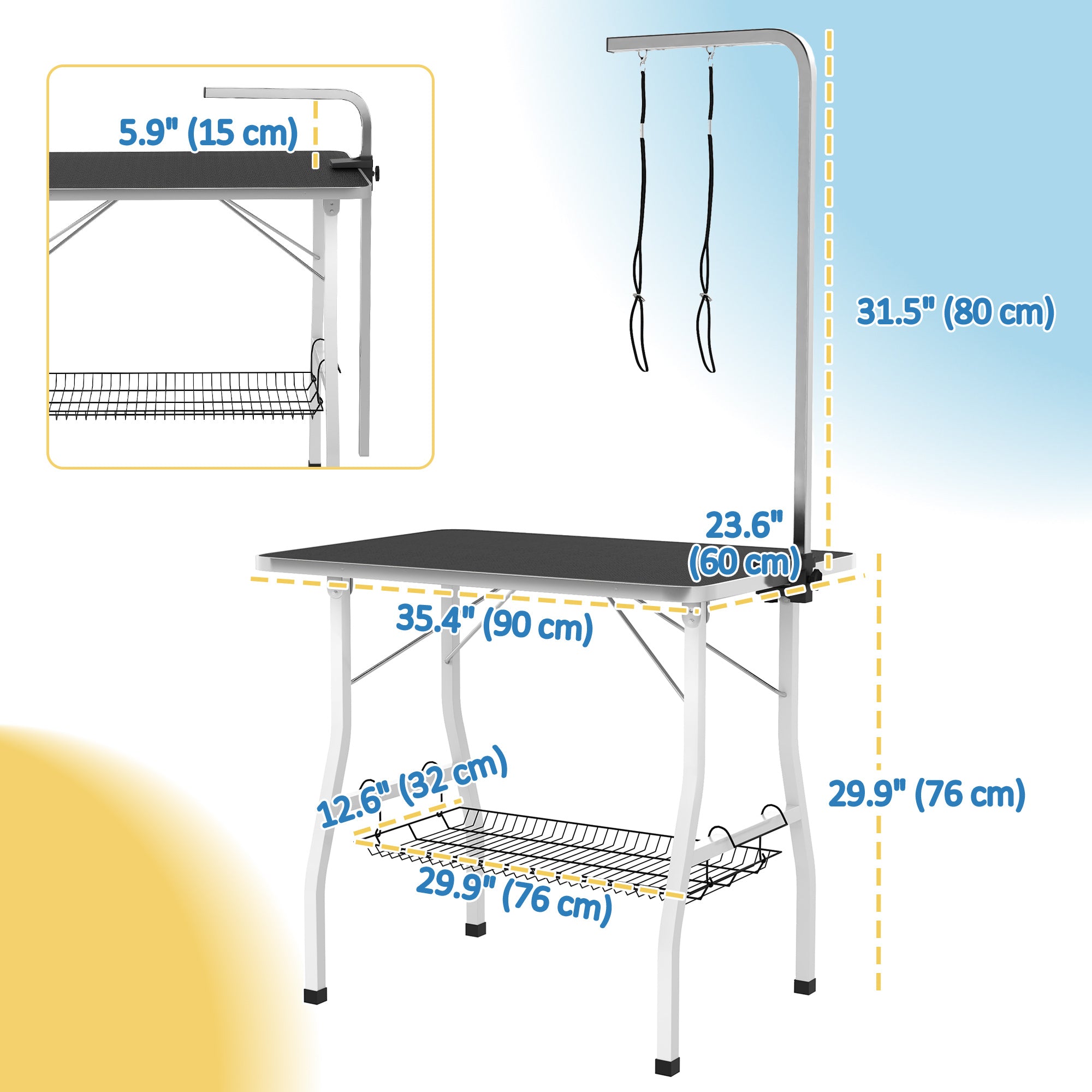 pawhut-table-de-toilettage-35-x-24-x-61-bras-r-glable-plateau-caoutchouc-noir image 5